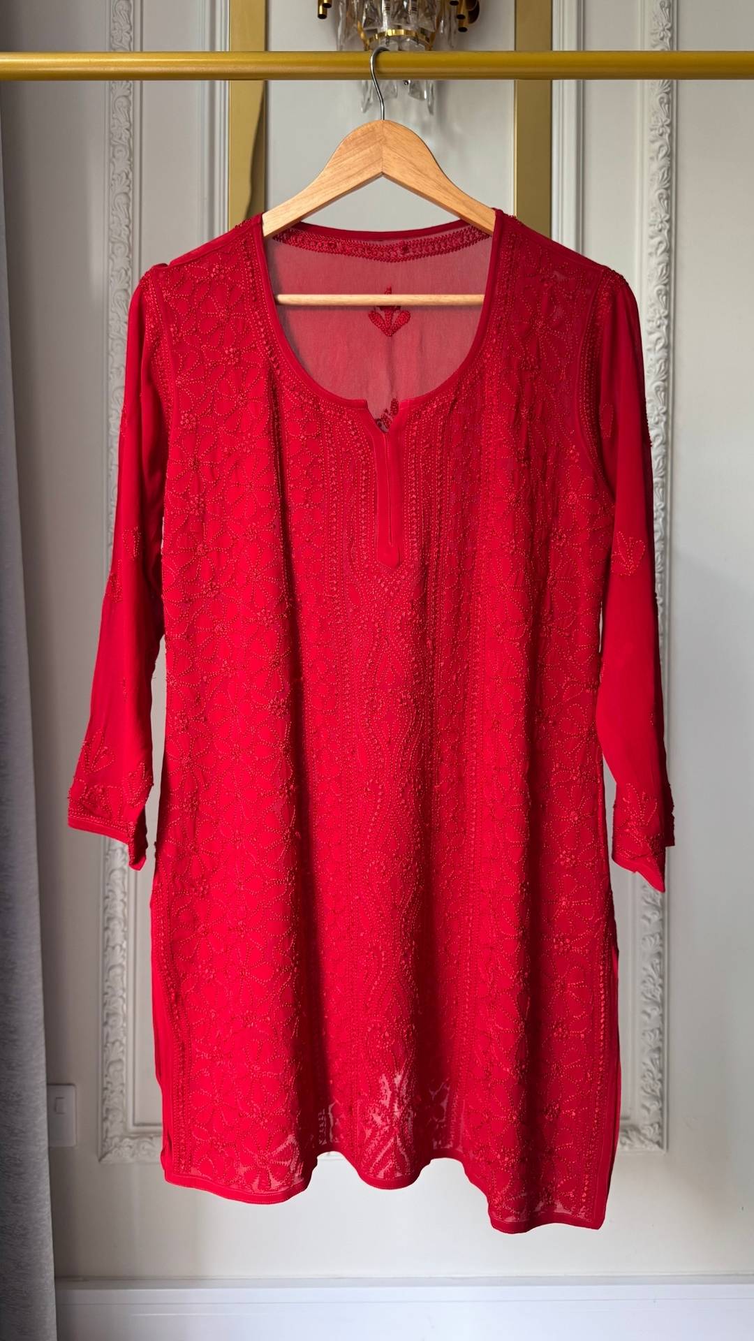 Viscose Georgette Silk Thread Chikankari Short Kurta - Red
