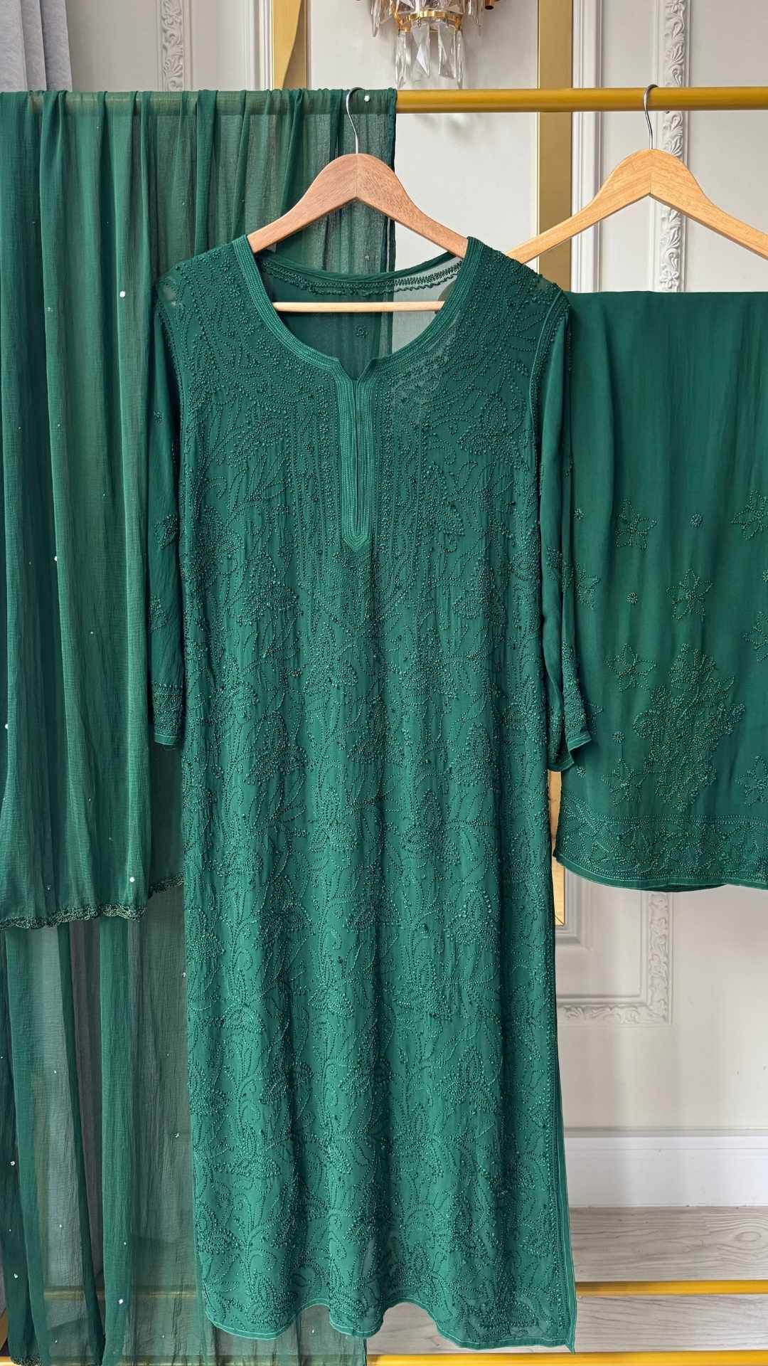 Viscose Georgette Silk Thread Chikankari 4Pc Suit Set - Bottle Green