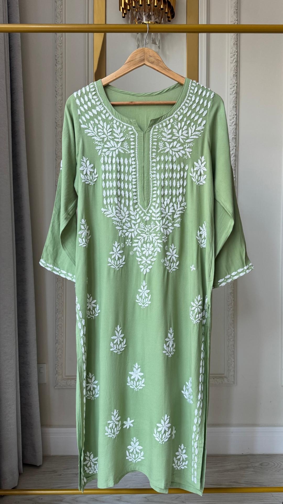 Rayon Chikankari Long Kurta - Pistachio Green