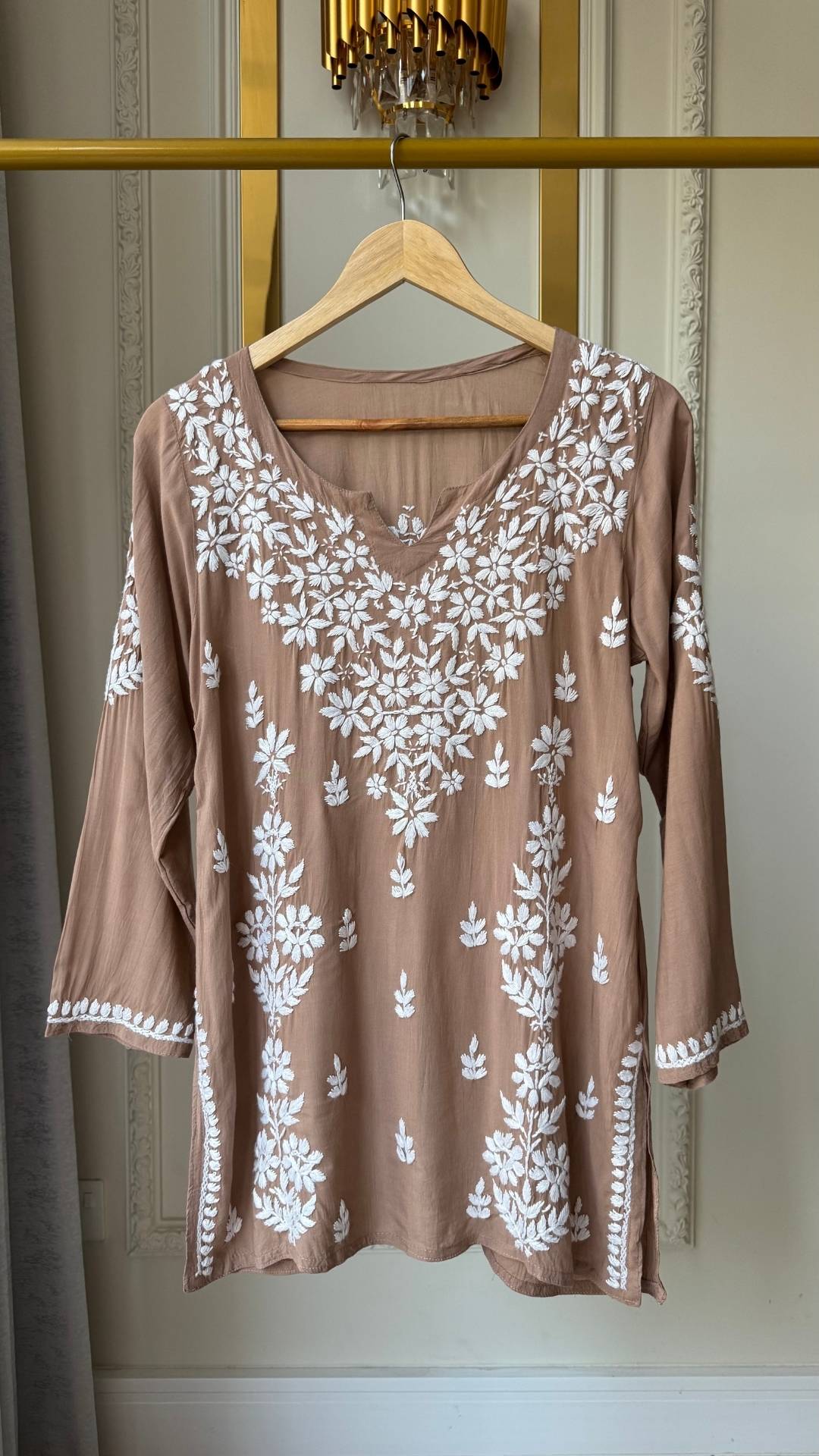 Modal Chikankari Short Top - Hazelnut Brown