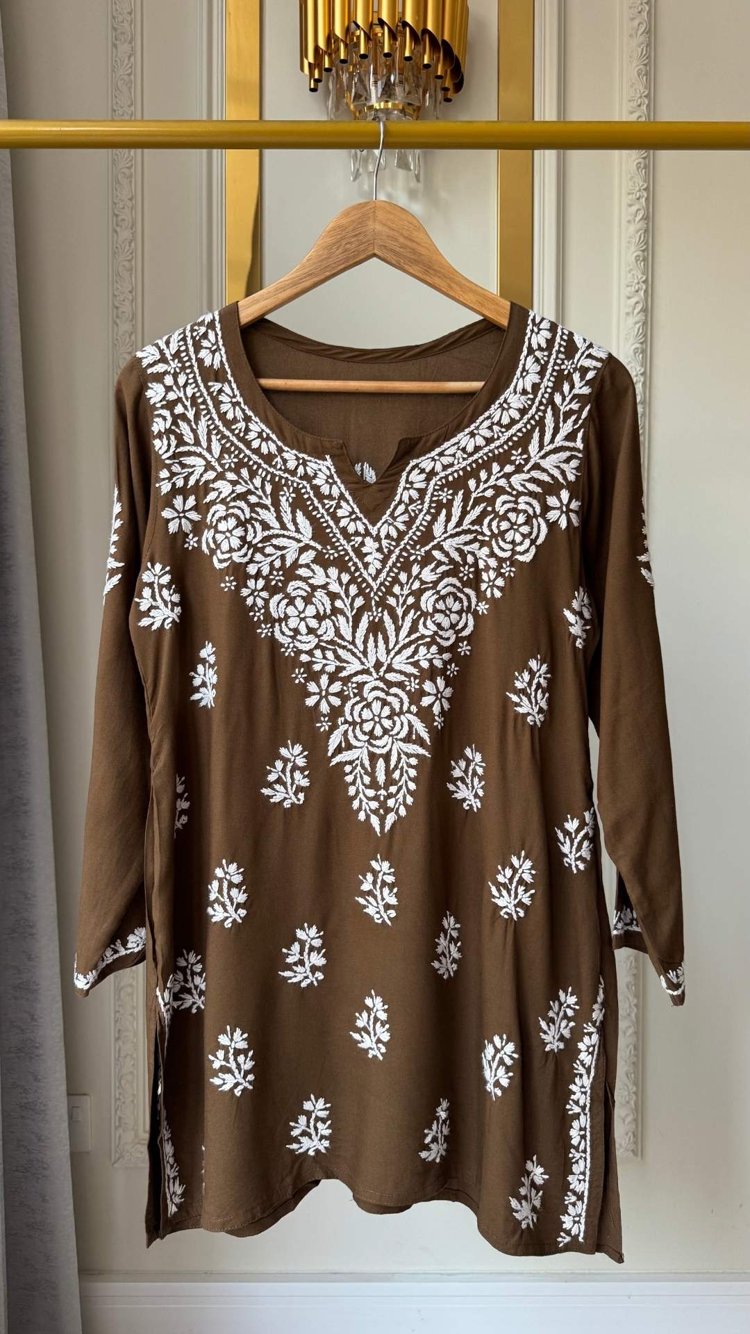 Rayon Chikankari Short Top - Chocolate Brown