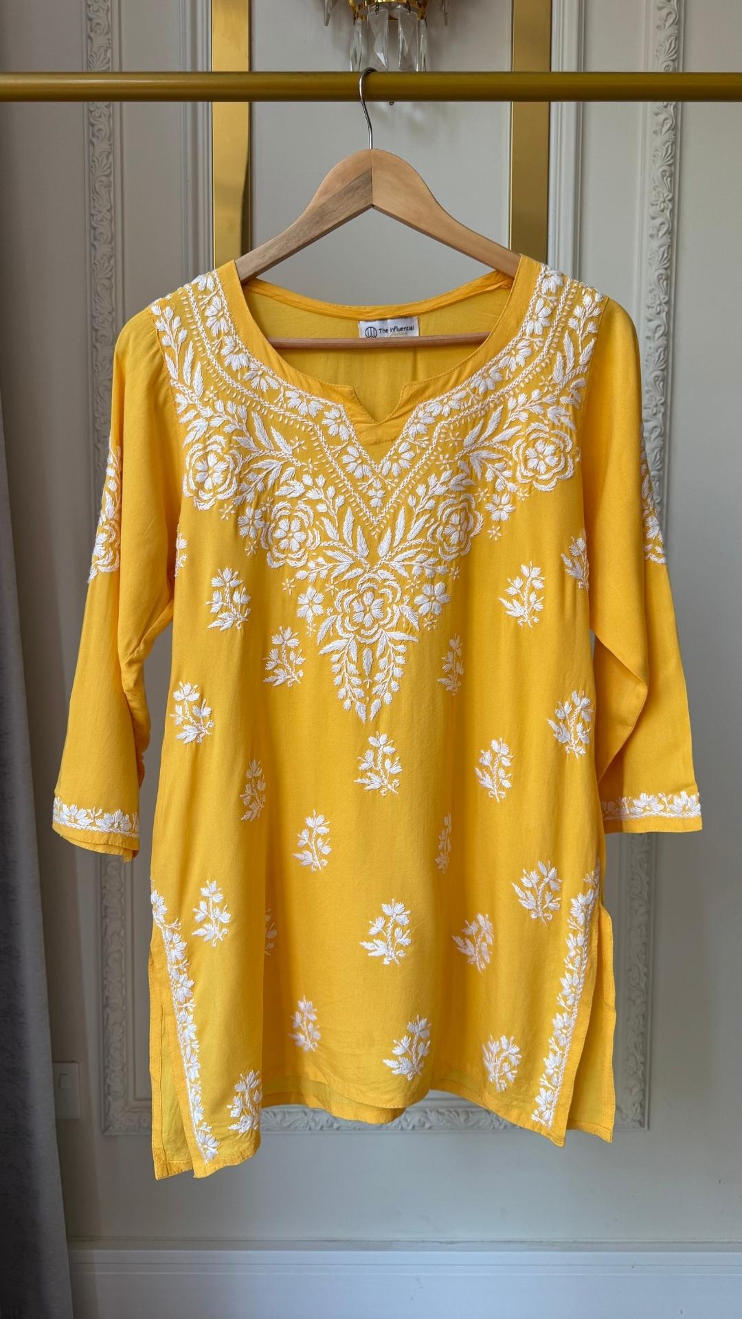 Rayon Chikankari Short Top - Mango Yellow