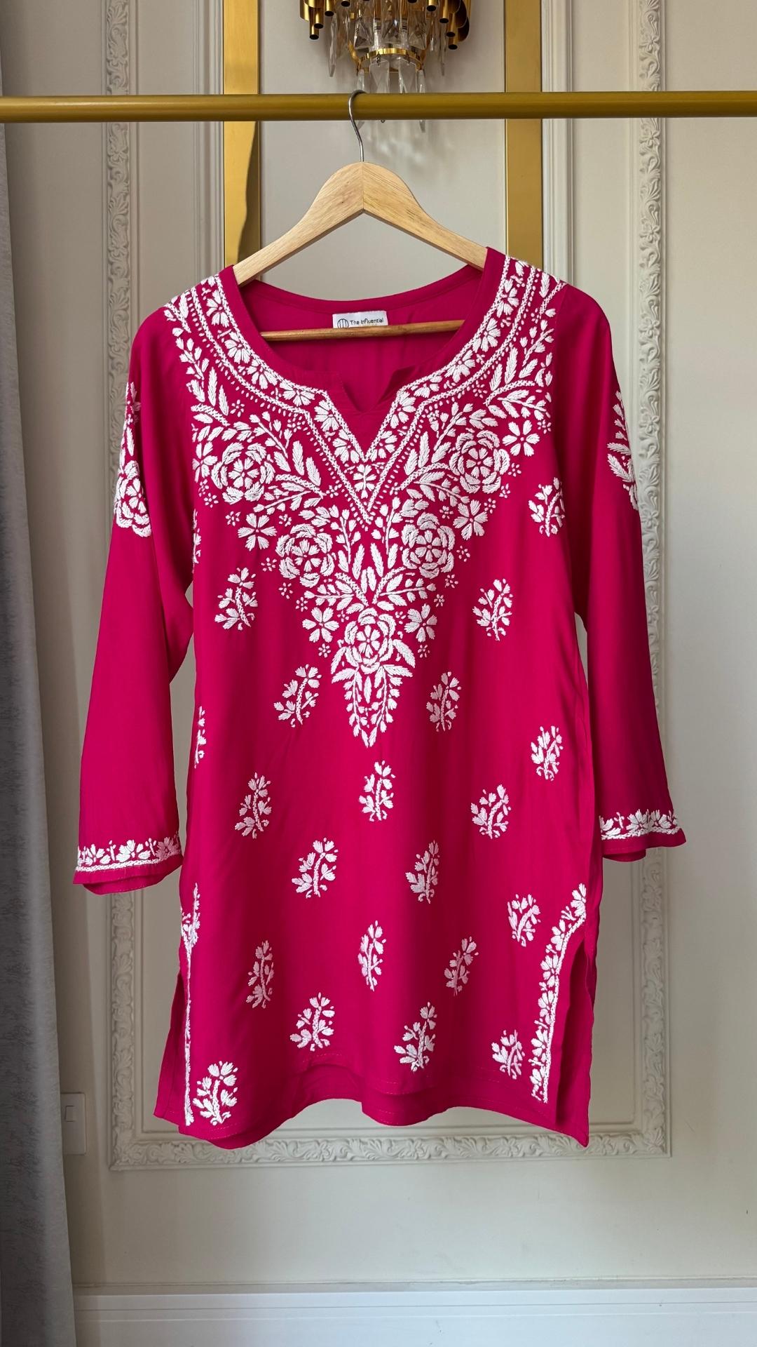 Rayon Chikankari Short Top - Hot Pink