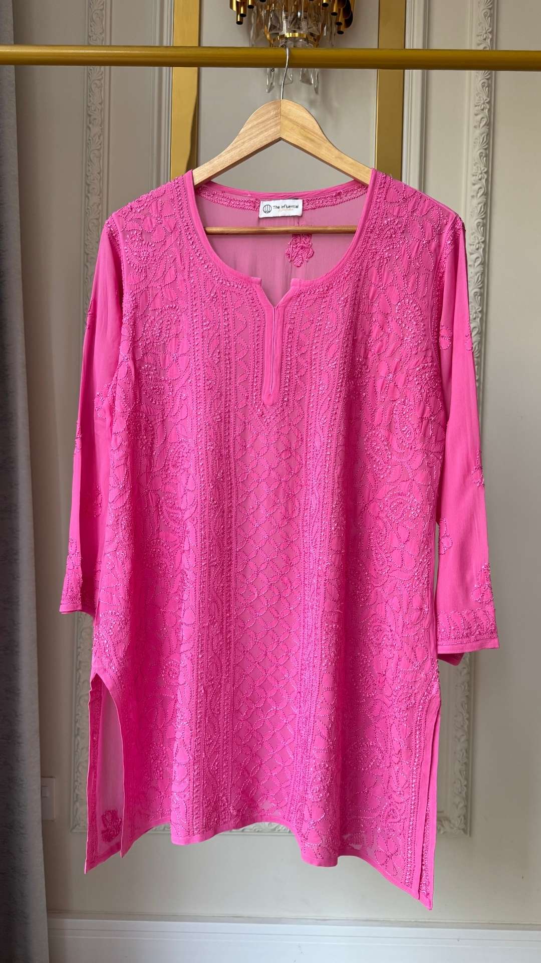 Viscose Georgette Silk Thread Chikankari Short Kurta - Rose Pink