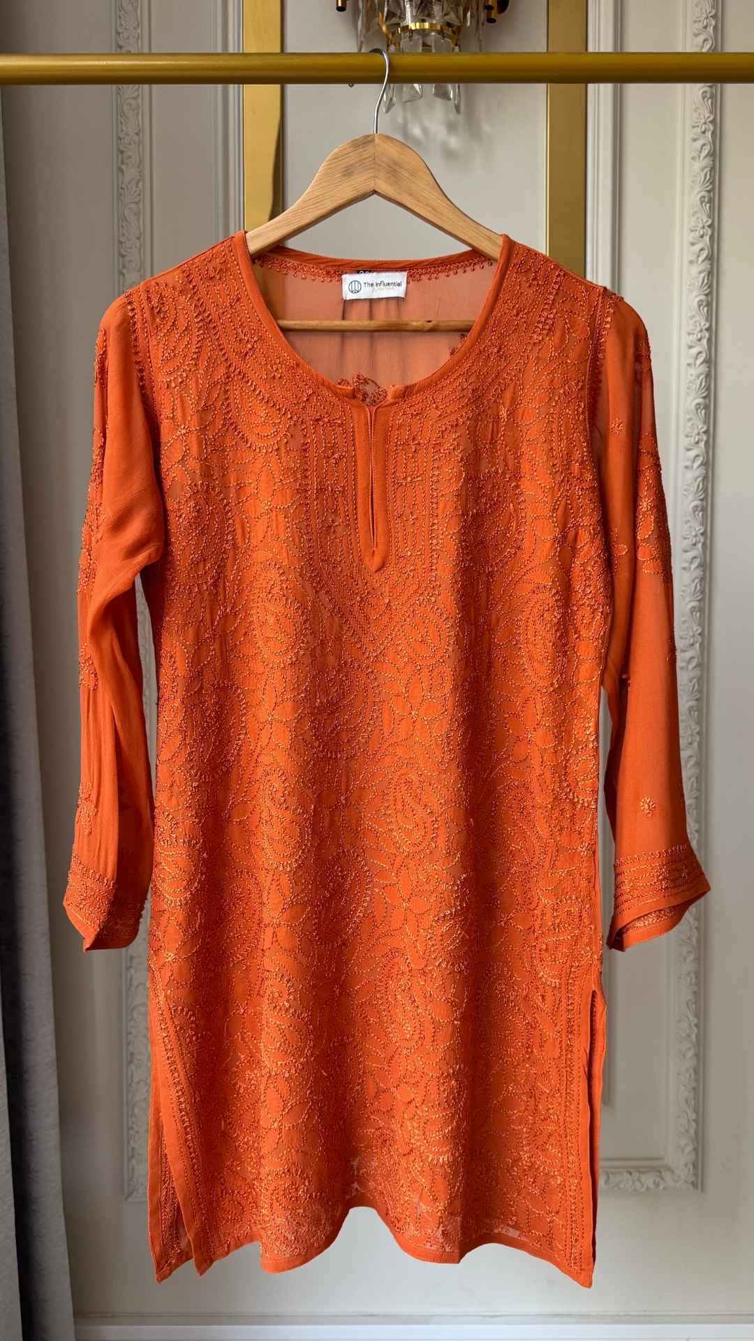 Viscose Georgette Silk Thread Chikankari Short Kurta - Rust Orange