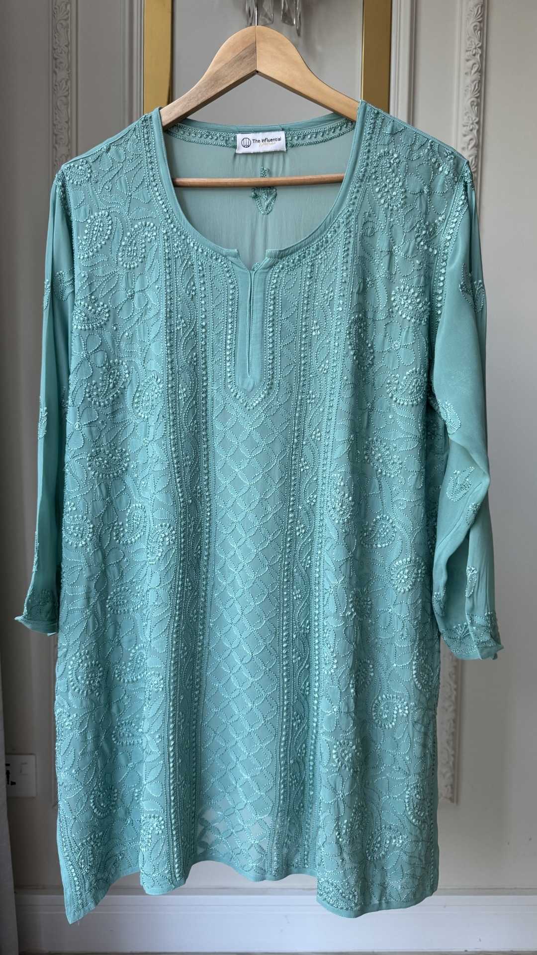 Viscose Georgette Silk Thread Chikankari Short Kurta - Mint Green