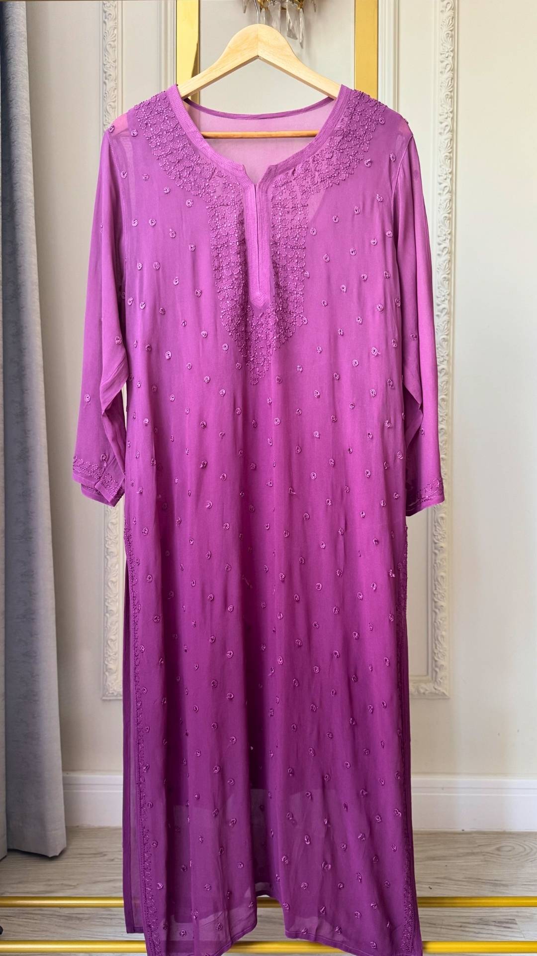 Viscose Georgette Silk Thread Chikankari Long Kurta - Ombre Plum