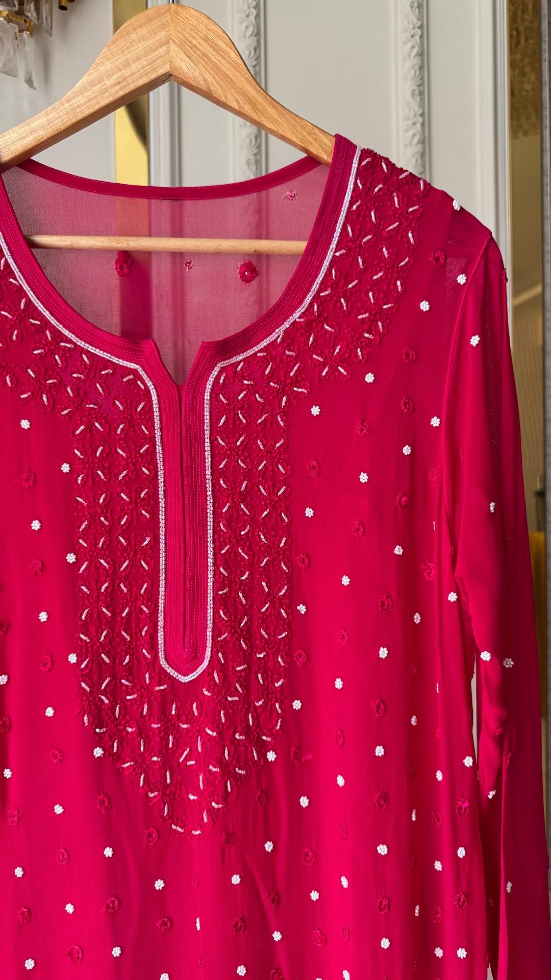 Viscose Georgette Pearl Work Solid Long Kurta - Fuchsia Pink