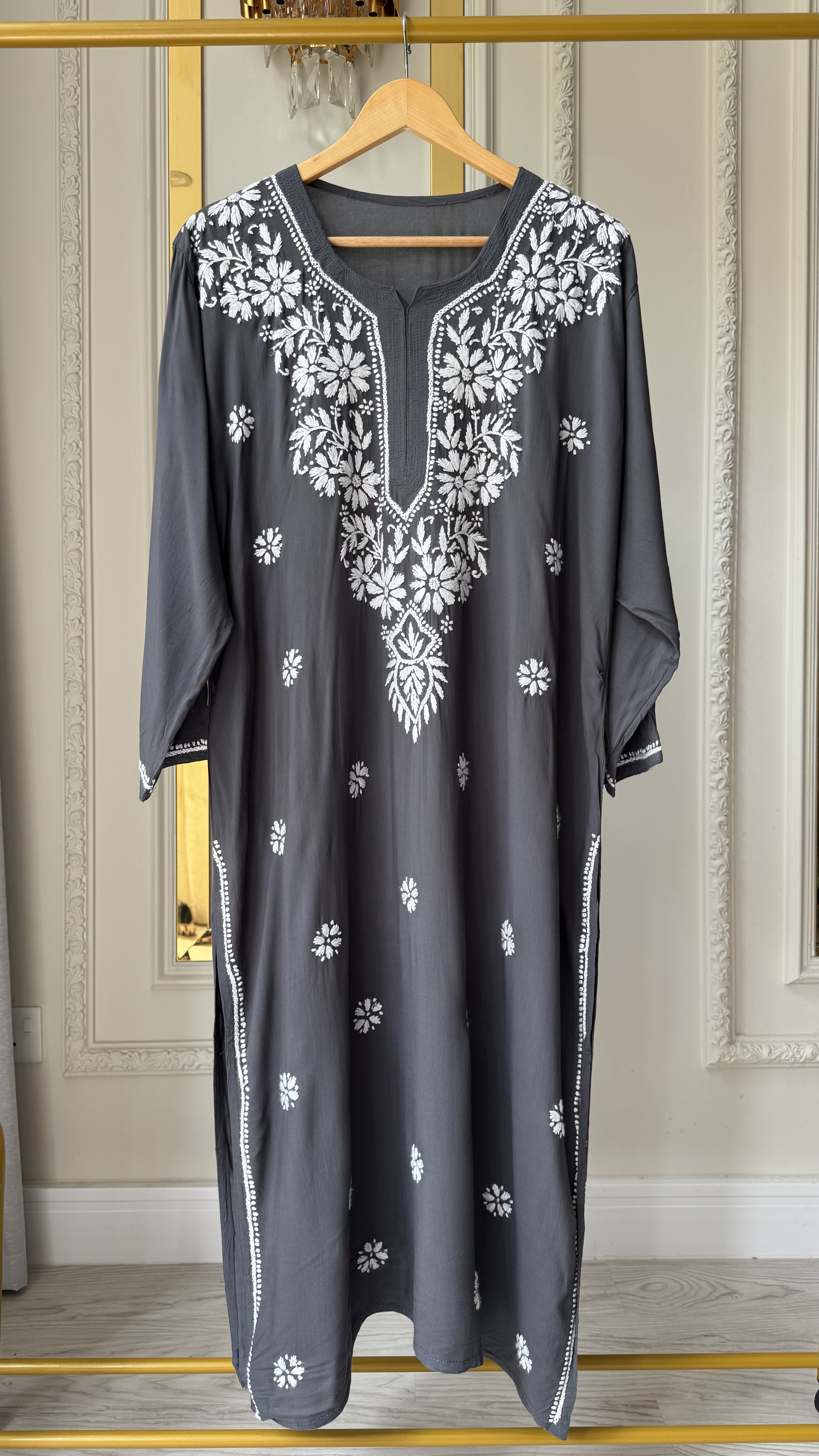 Plus Size Modal Chikankari Long Kurta - Grey