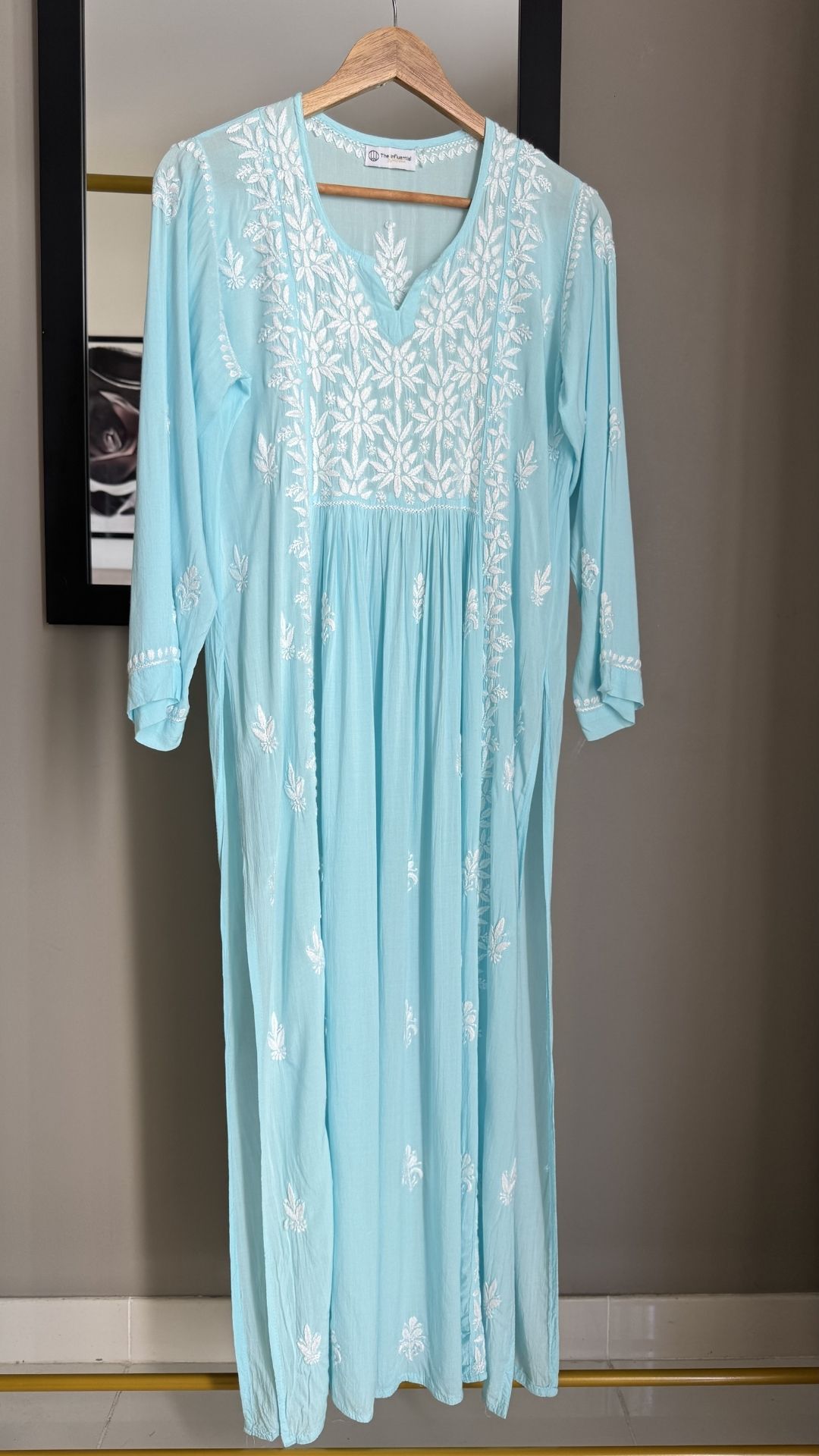 Modal Nyra Cut Chikankari Long Kurta - Sky Blue