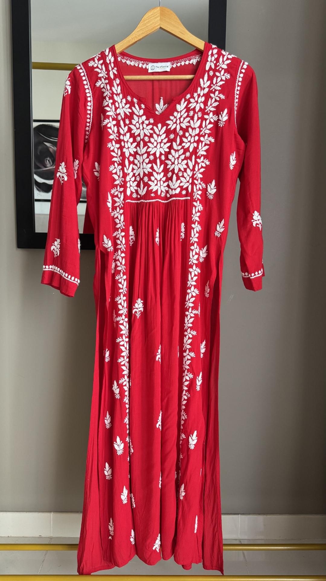 Modal Nyra Cut Chikankari Long Kurta - Red