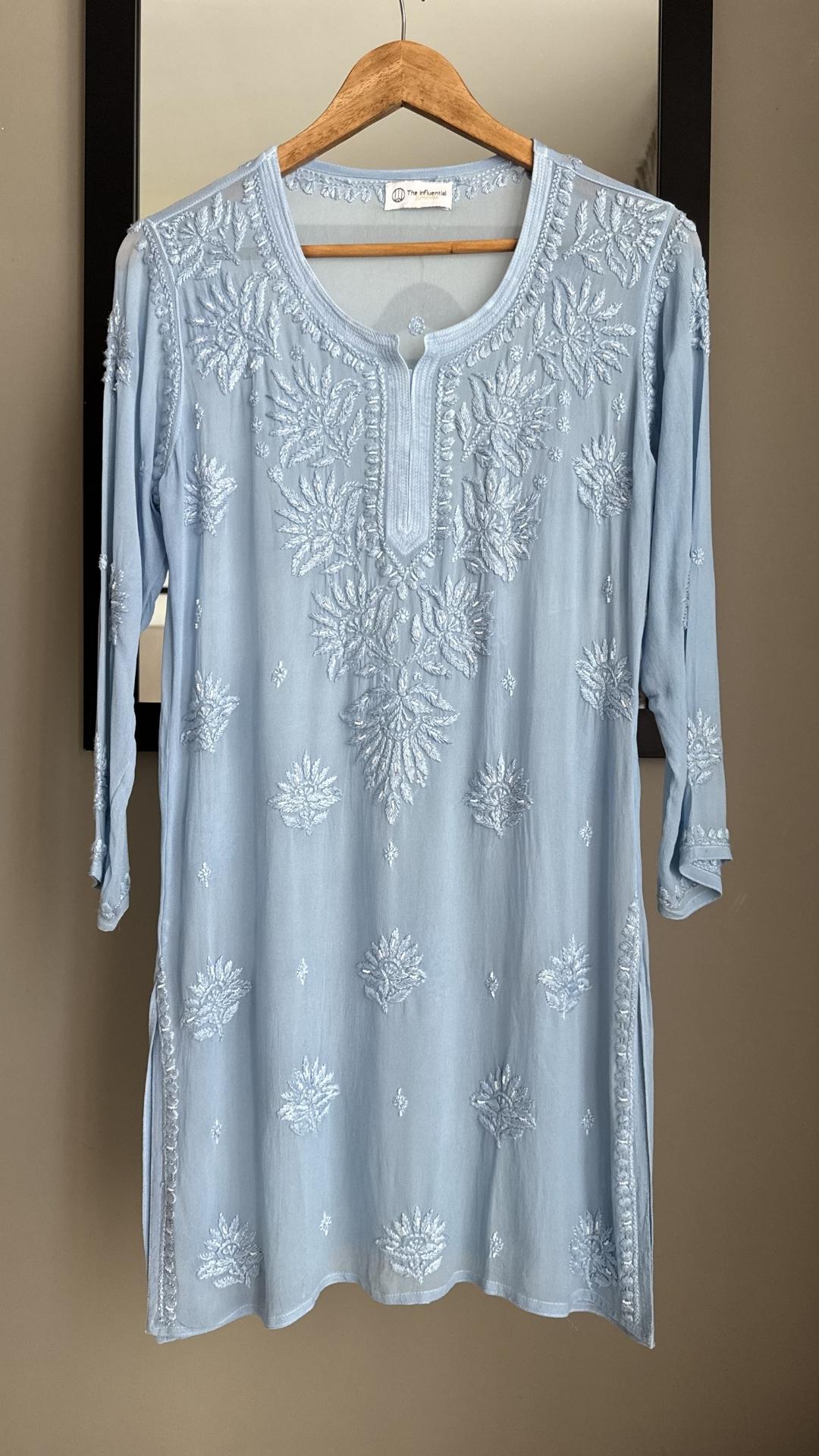 Viscose Georgette Chikankari Pearl Work Short Kurta - Powder Blue