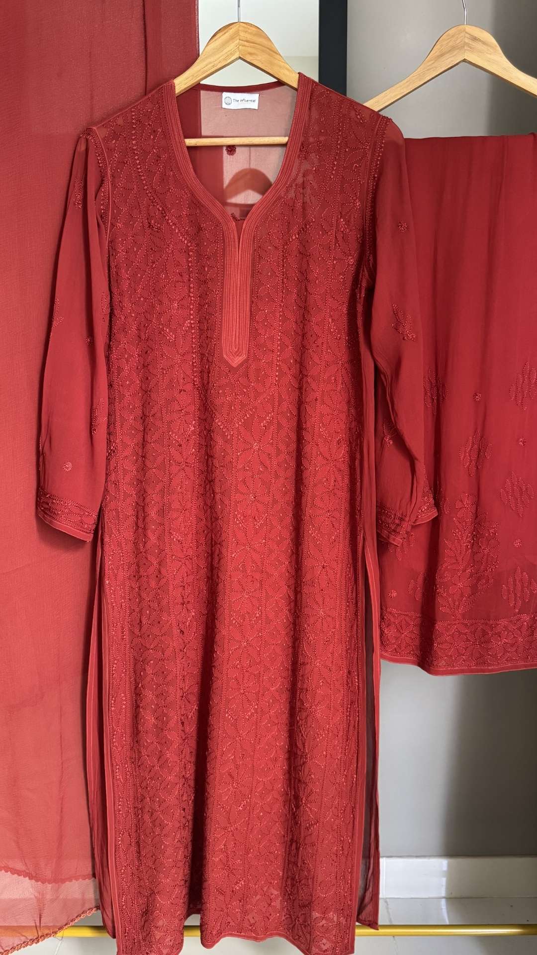 Viscose Georgette Silk Thread Chikankari 4Pc Suit Set - Cinnamon Brown