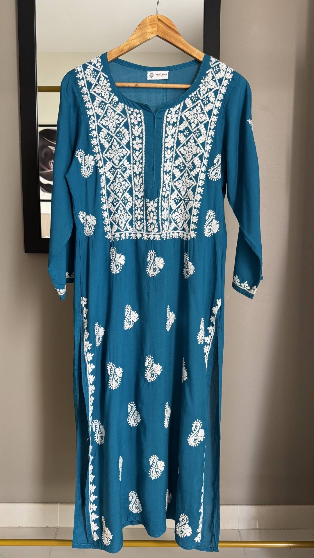 Modal Heavy Neck Chikankari Long Kurta - Teal Blue