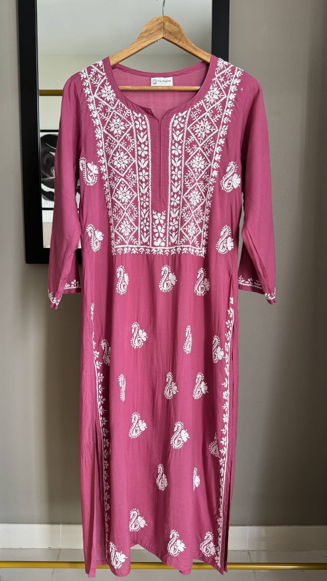 Modal Heavy Neck Chikankari Long Kurta - Onion Pink