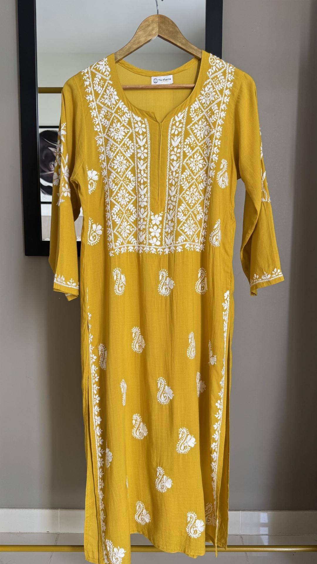 Modal Heavy Neck Chikankari Long Kurta - Mustard Yellow