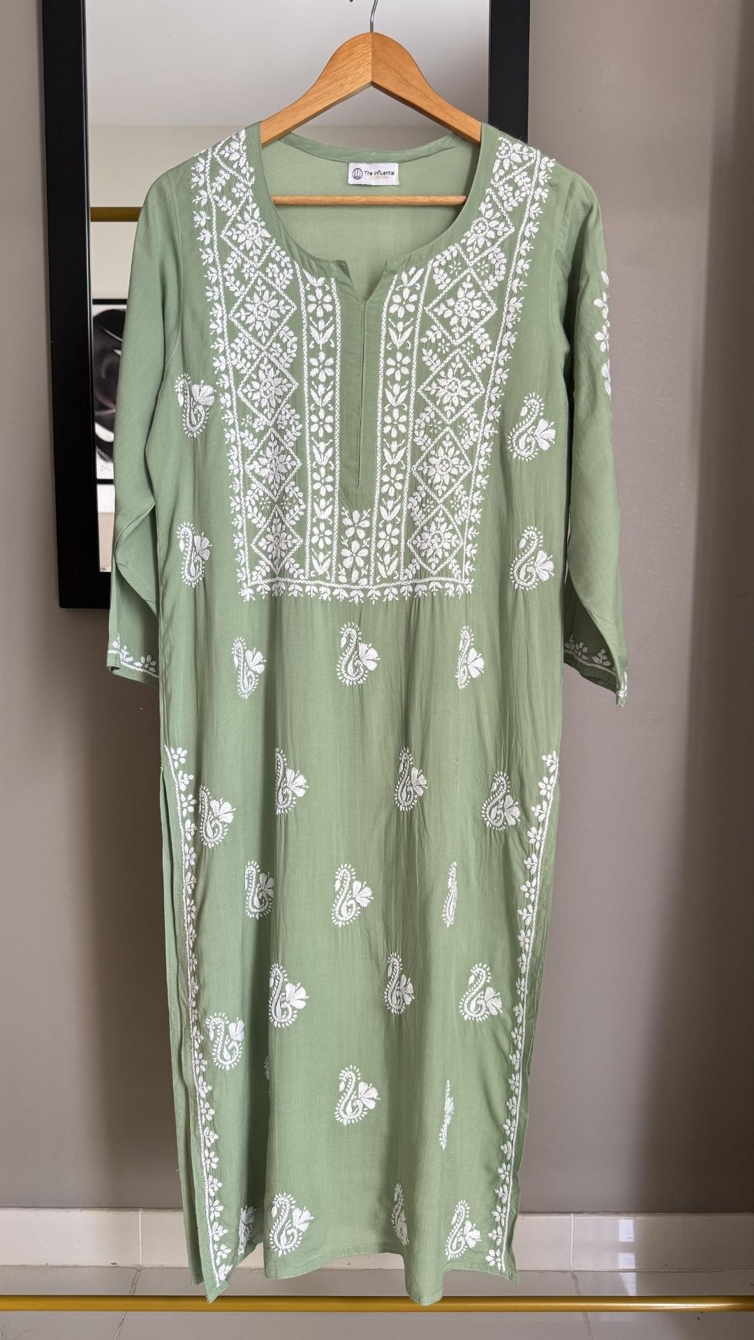 Modal Heavy Neck Chikankari Long Kurta - Pistachio Green