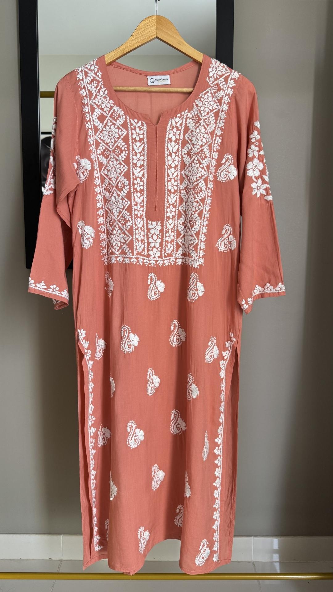 Modal Heavy Neck Chikankari Long Kurta - Pastel Orange