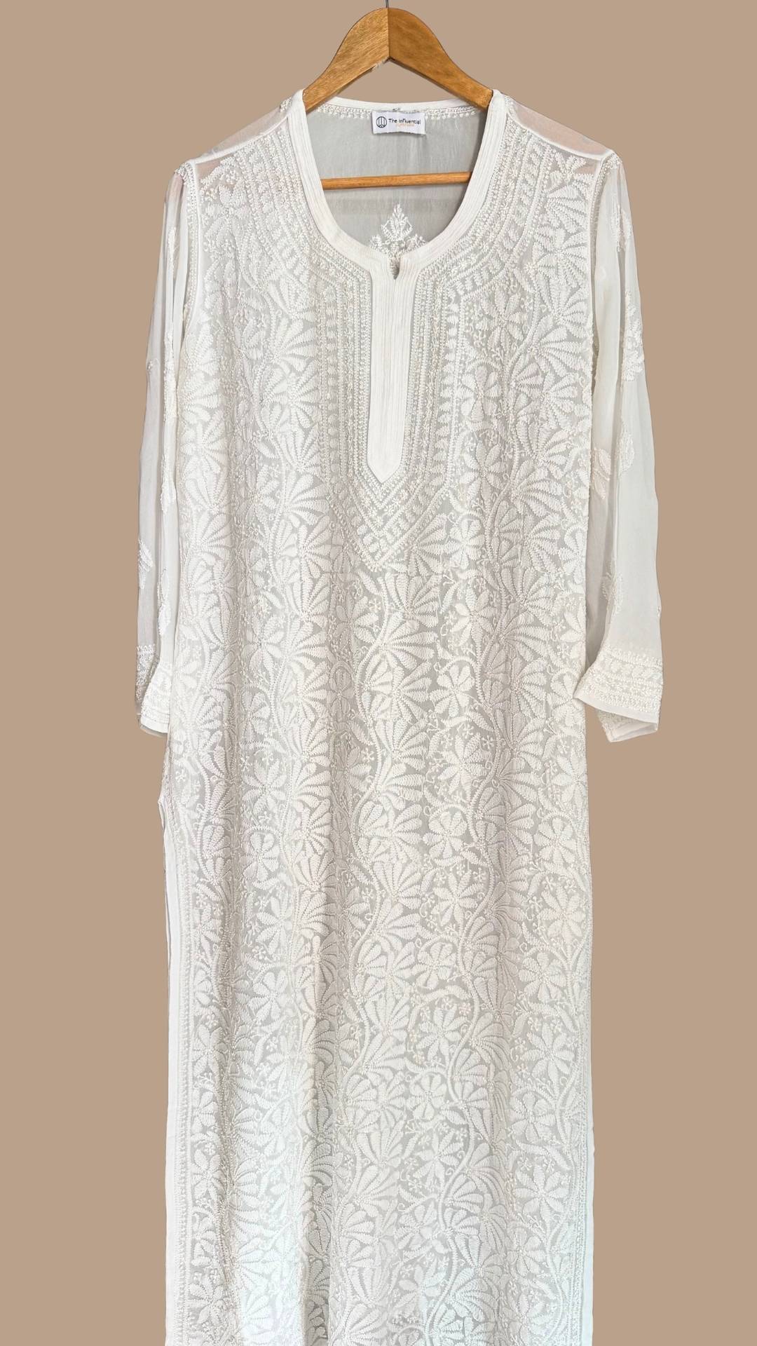 Resham Jaal Chikankari Long Kurta - White