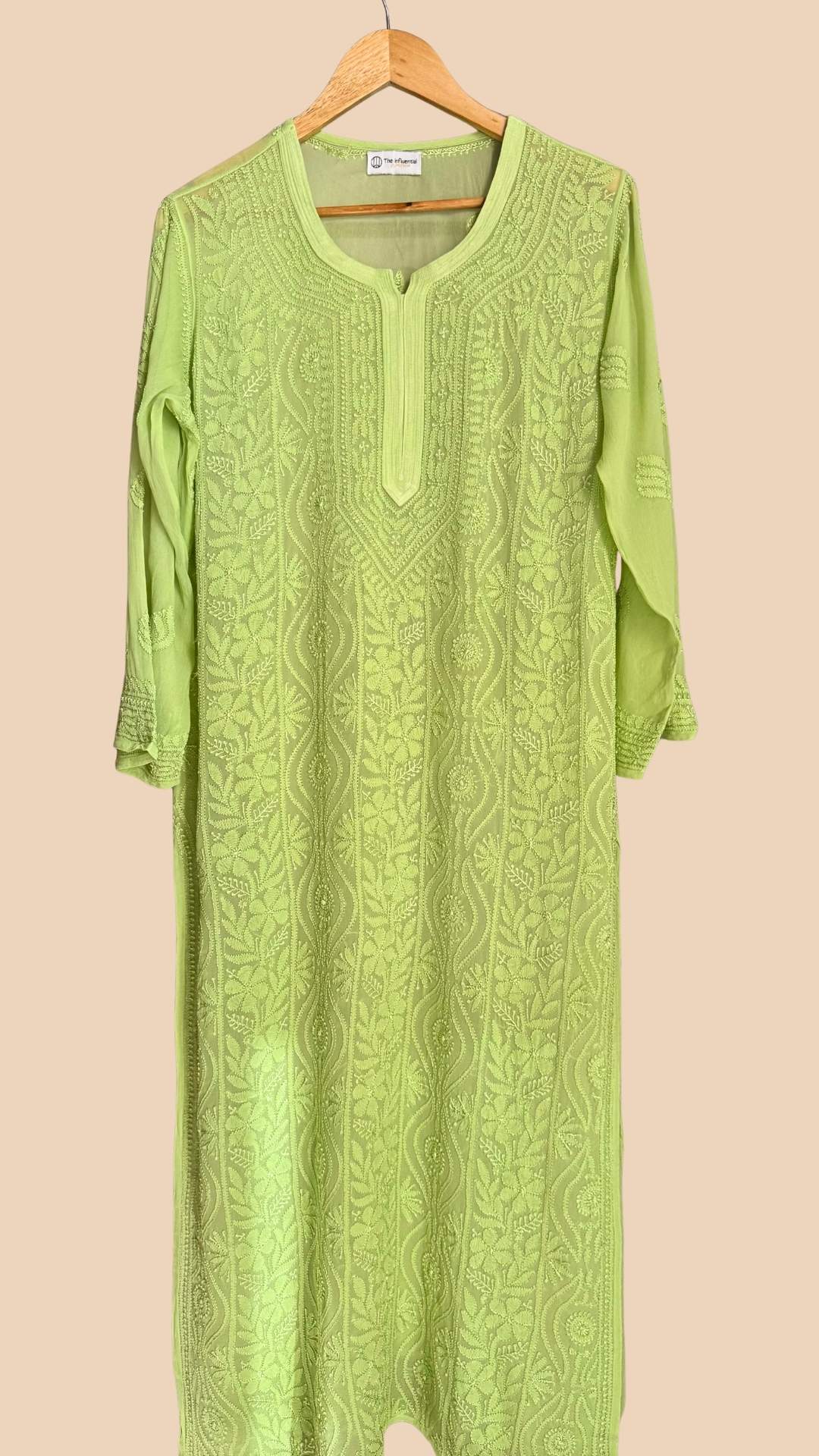 Resham Jaal Chikankari Long Kurta - Pistachhio Green