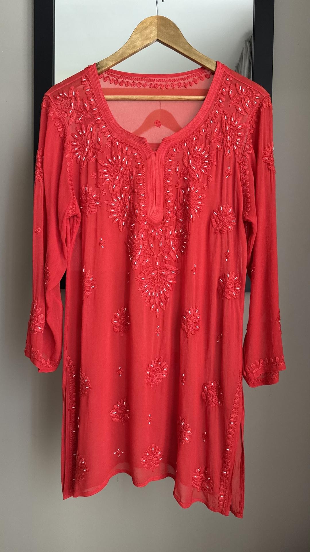 Viscose Georgette Chikankari Pearl Work Short Kurta - Carrot Red
