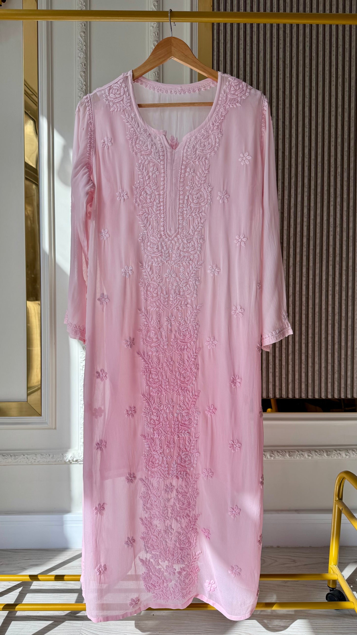 Viscose Georgette 3D Chikankari Ombre Long Kurta - Blush Pink