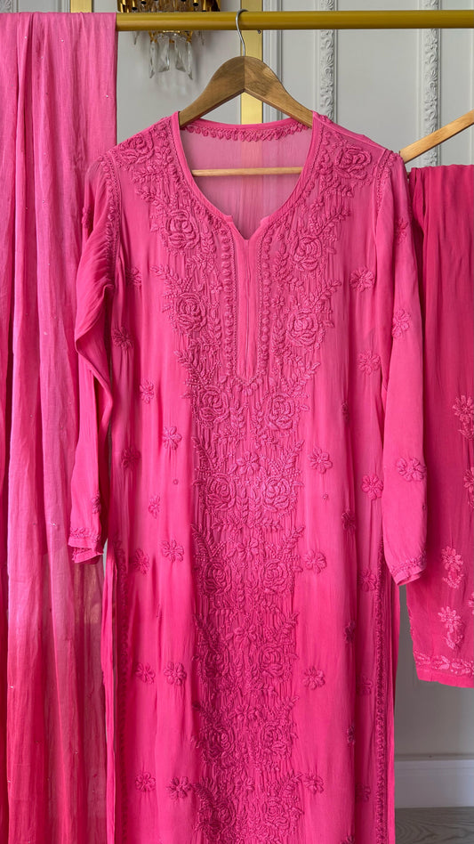 Viscose Georgette Ombre 3pc Suit Set - Rose Pink
