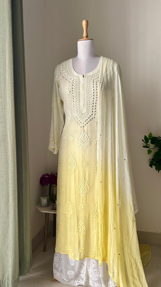 Viscose Georgette Ombre 3pc Suit Set - Lemon yellow