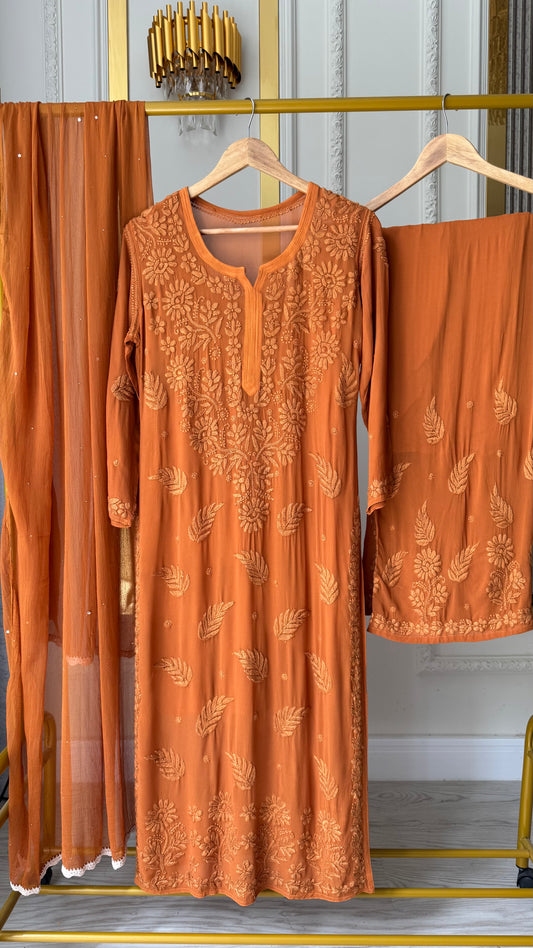 Viscose Georgette Solid 3pc Suit Set - Rust Orange
