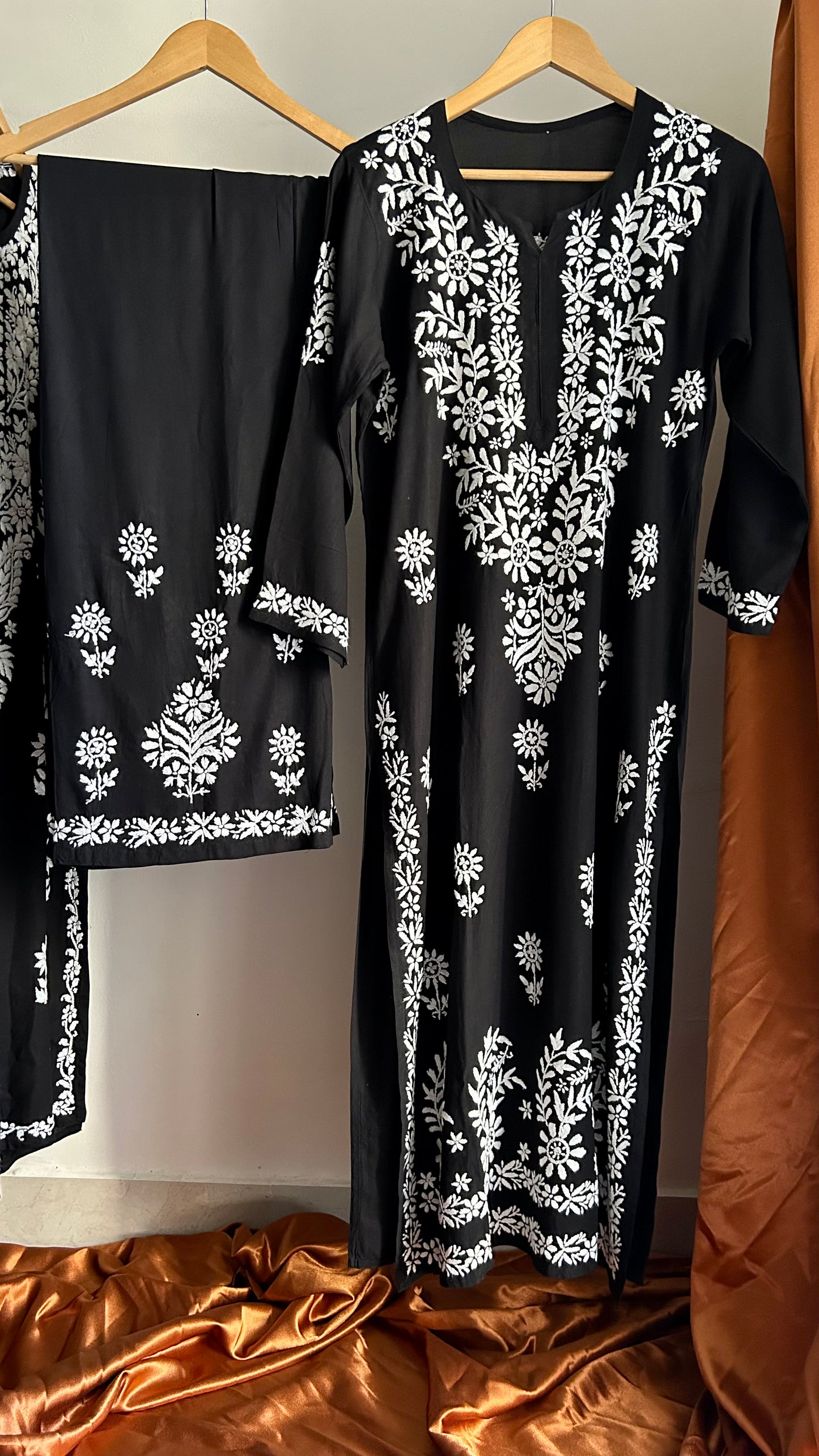 Premium Rayon Chikankari Long Kurta Palazzo Set - Black