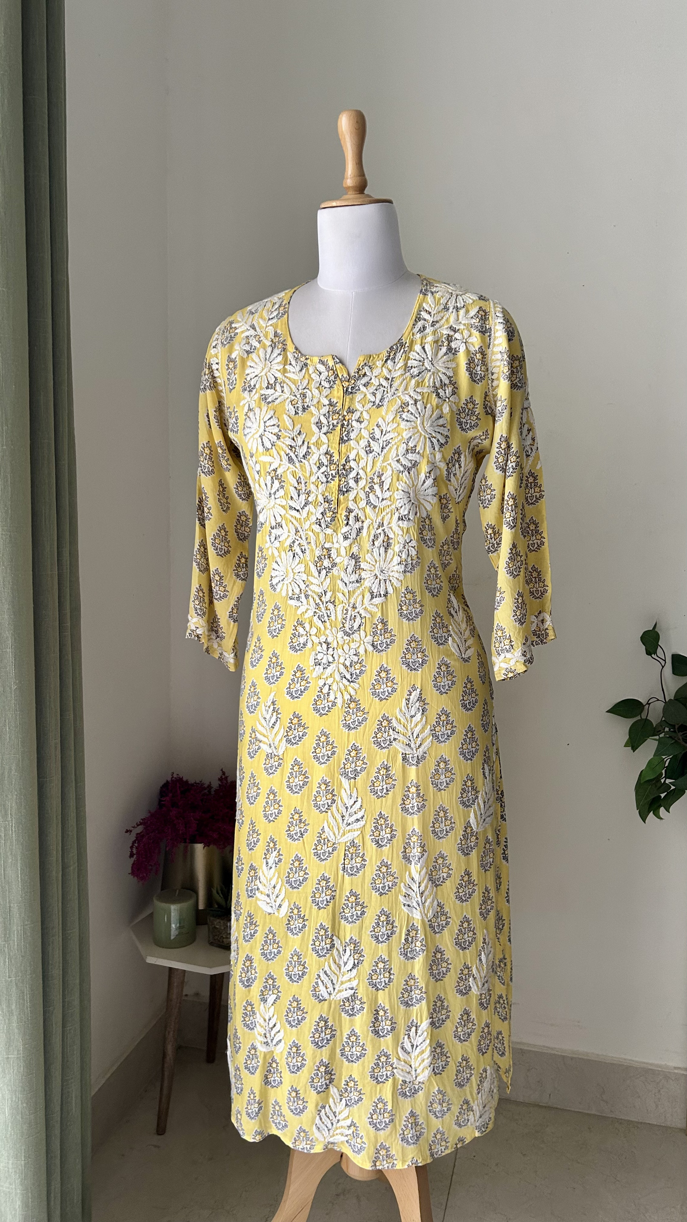 Modal Chikankari Print Long Kurta - Yellow