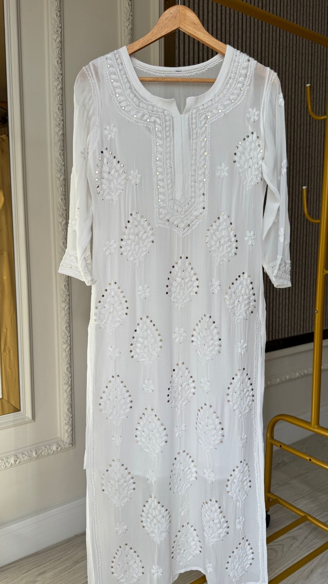 Viscose Georgette 3D Chikankari With Mukesh Long Kurta - White