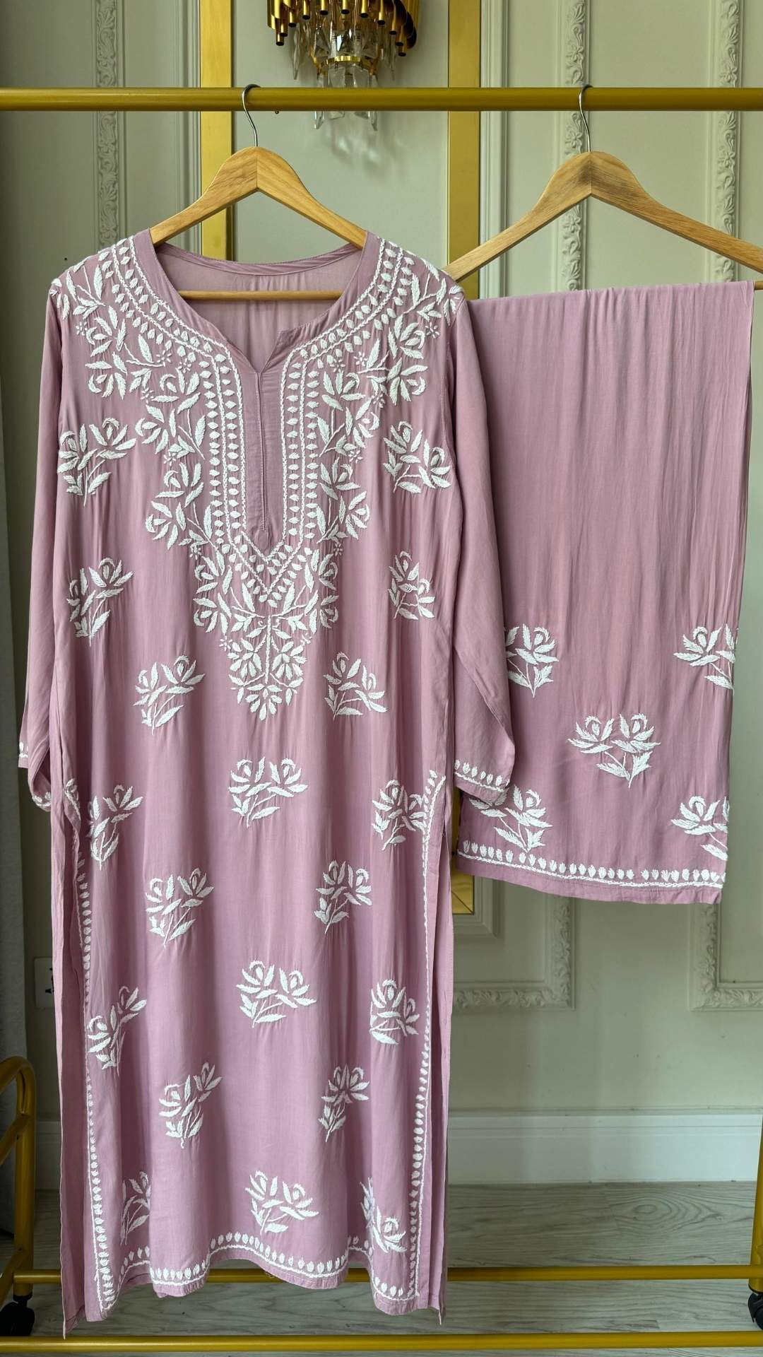 Modal Chikankari Long Kurta Palazzo Set - Light Purple