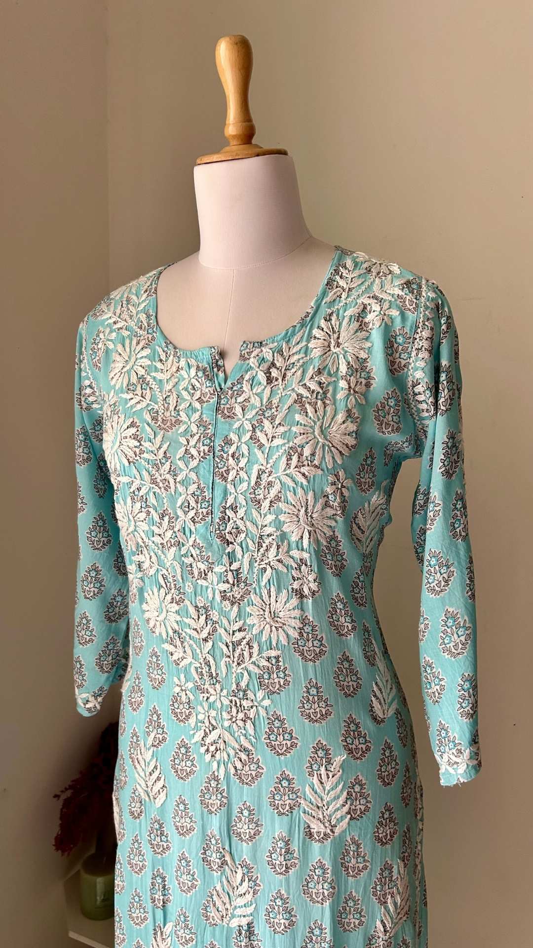 Modal Chikankari Print Long Kurta - Blue