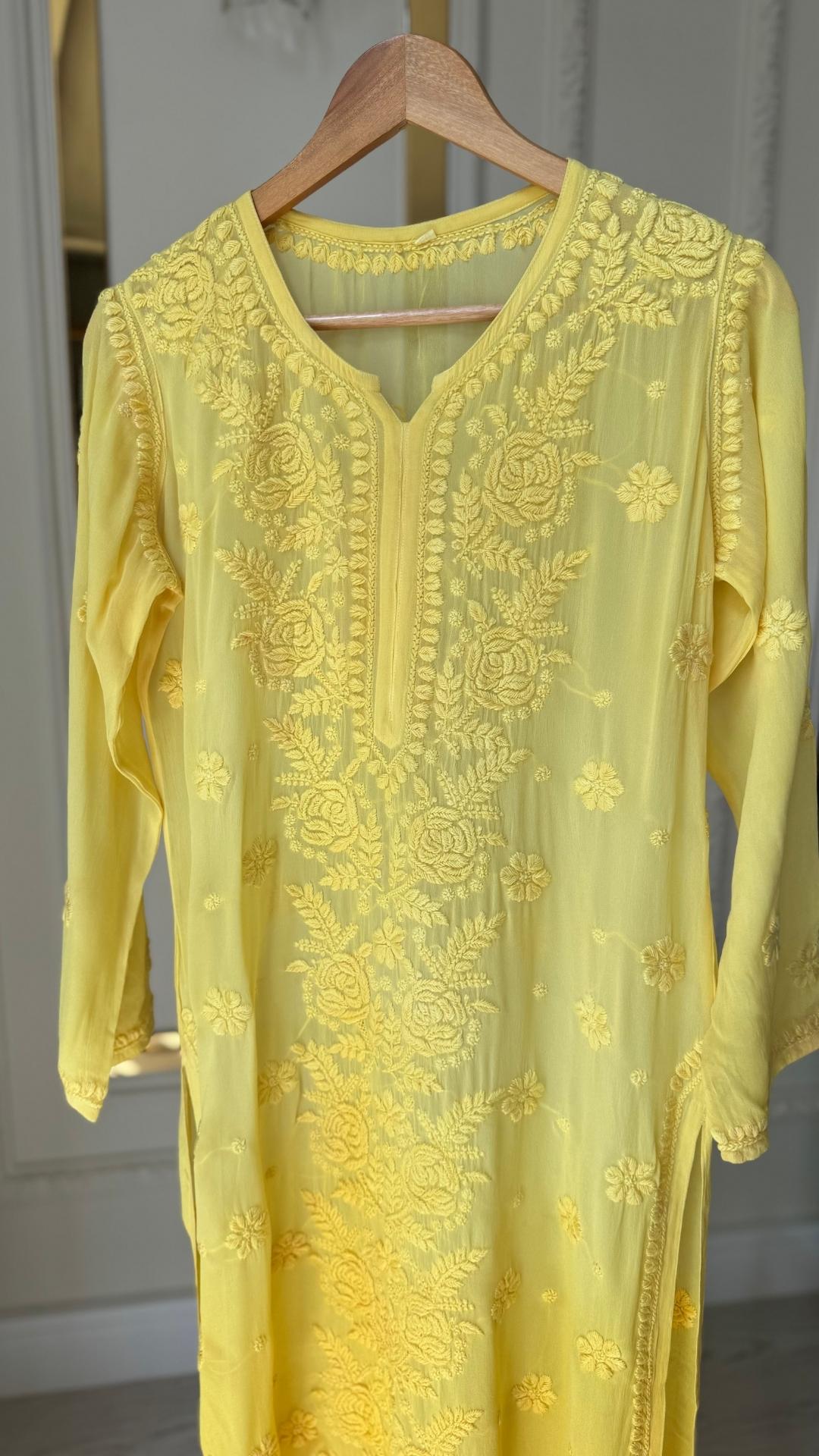 Plus Size Viscose Georgette 3D Chikankari Ombre Long Kurta - Yellow