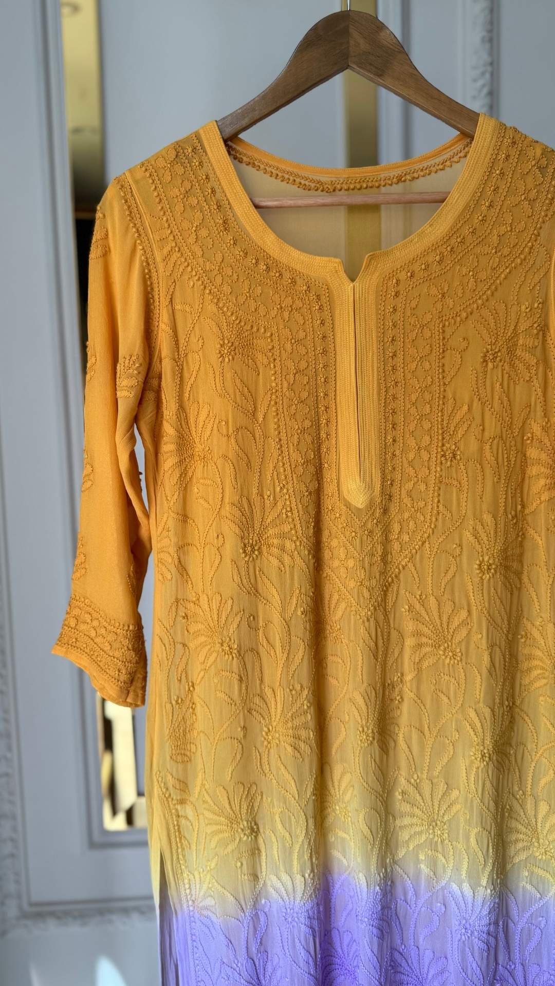 Viscose Georgette Ombre Chikankari Long Kurta - Orange Purple