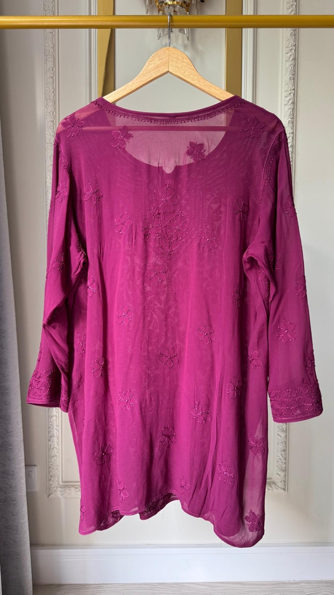 Plus Size Viscose Georgette Silk Thread Chikankari Short Kurta - Wine