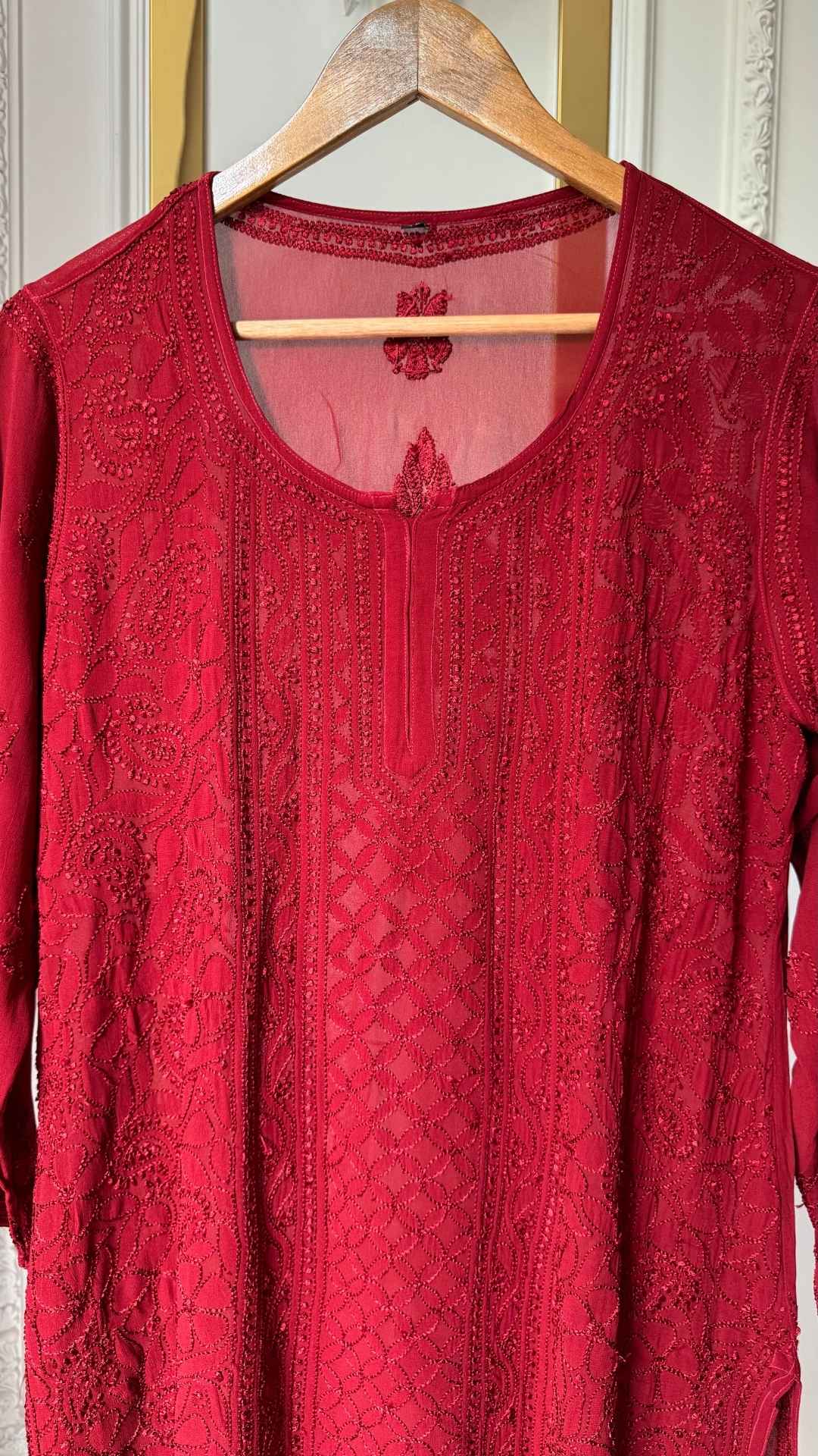 Viscose Georgette Silk Thread Chikankari Short Kurta - Maroon 