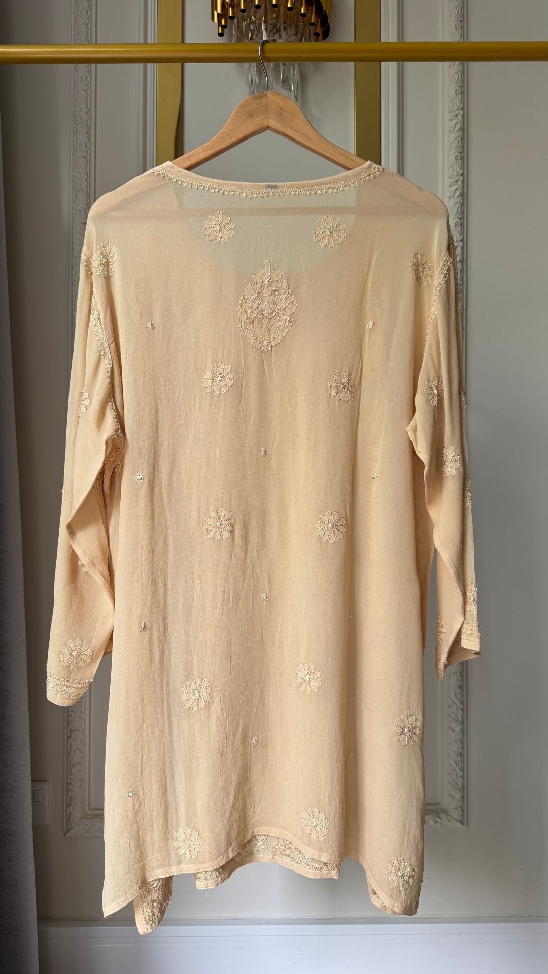 Plus Size Viscose Georgette Silk Thread Chikankari Short Kurta - Beige