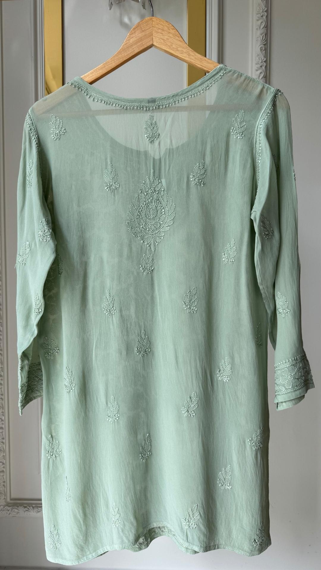 Viscose Georgette Silk Thread Chikankari Short Kurta - Pistachio Green