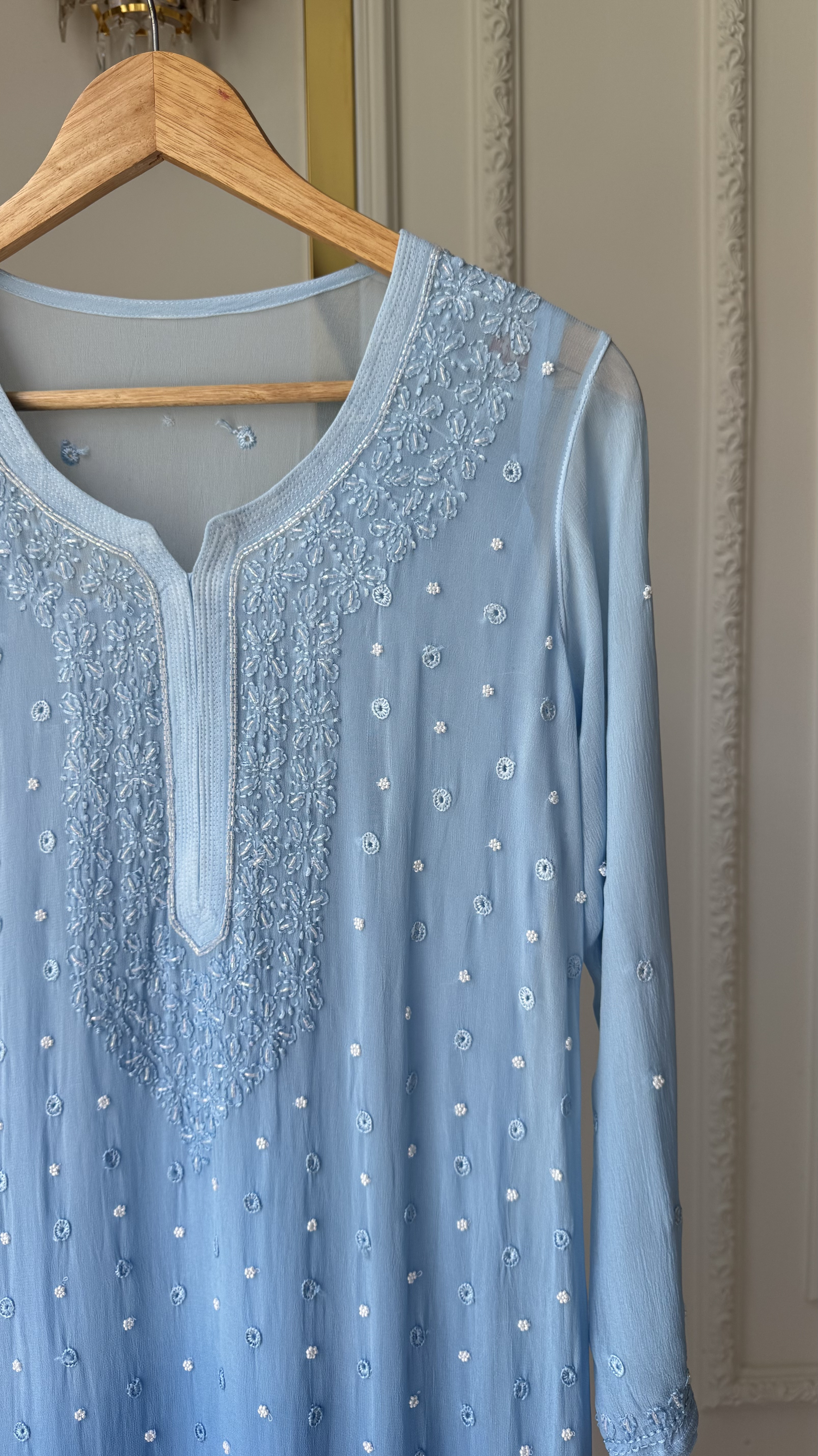 Viscose Georgette Pearl Work Ombre Long Kurta - Blue