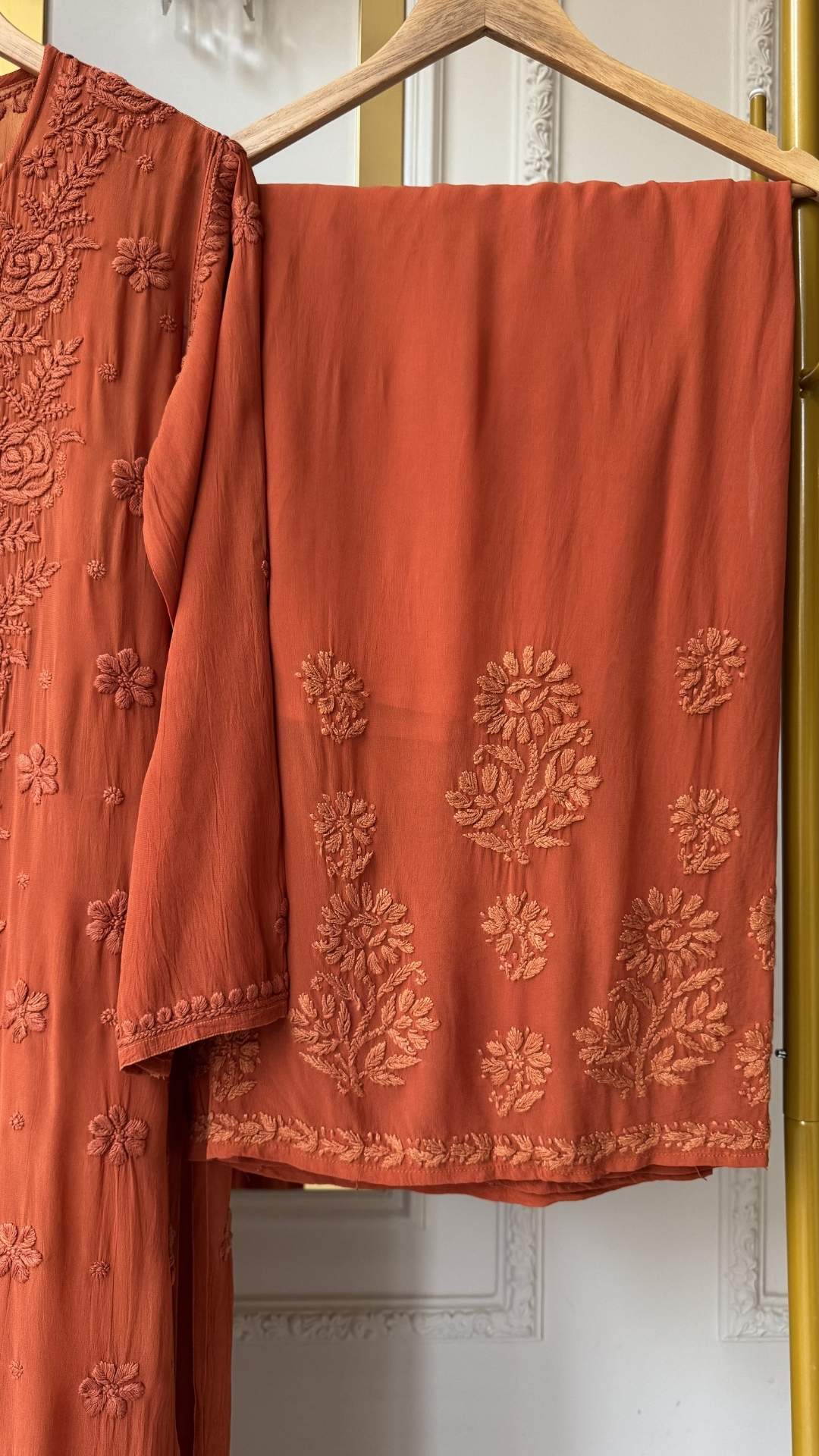 Viscose Georgette 3D Chikankari 4pc Suit Set - Rust Orange