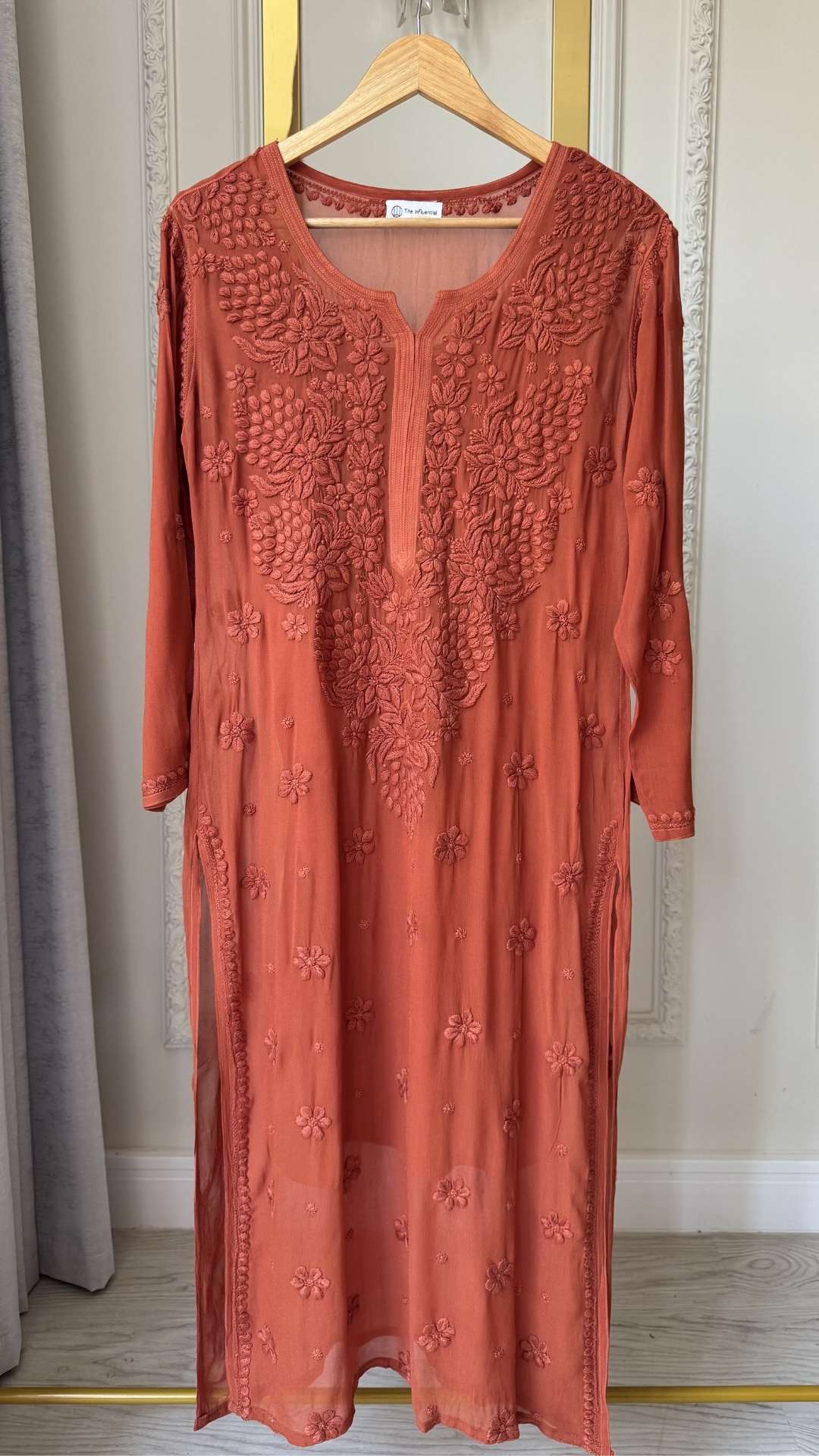 Viscose Georgette 3D Chikankari Solid Long Kurta - Rust Orange