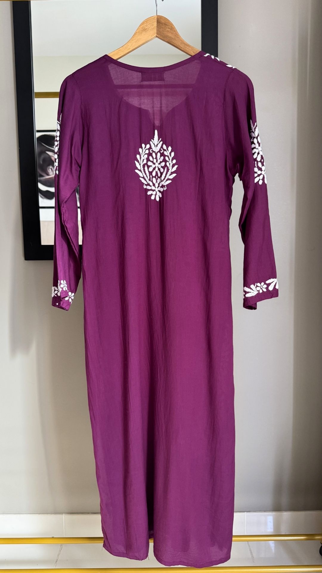 Modal Heavy Neck Chikankari Long Kurta - Wine 