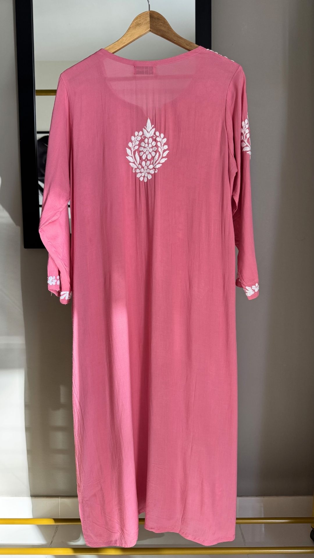 Modal Heavy Neck Chikankari Long Kurta - Light Pink
