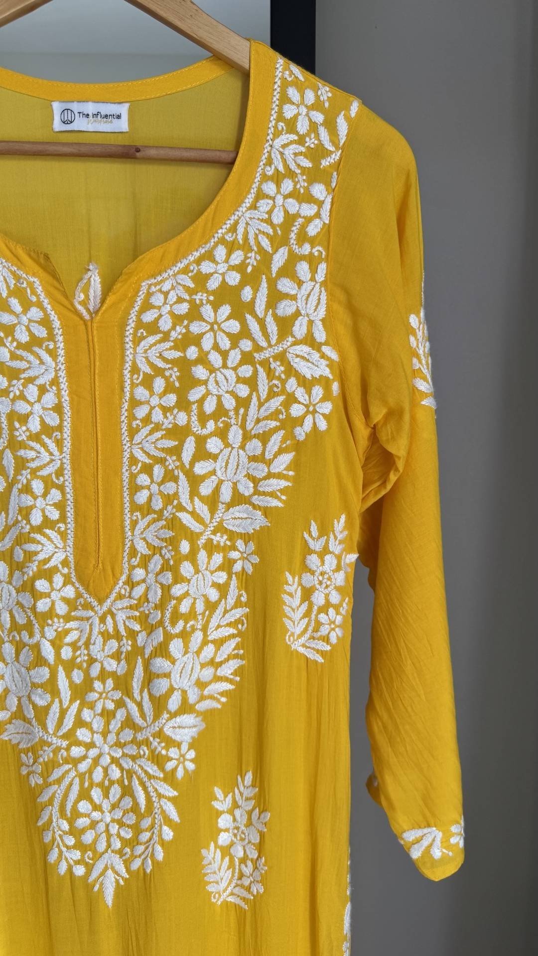 Modal Heavy Neck Chikankari Long Kurta - Yellow