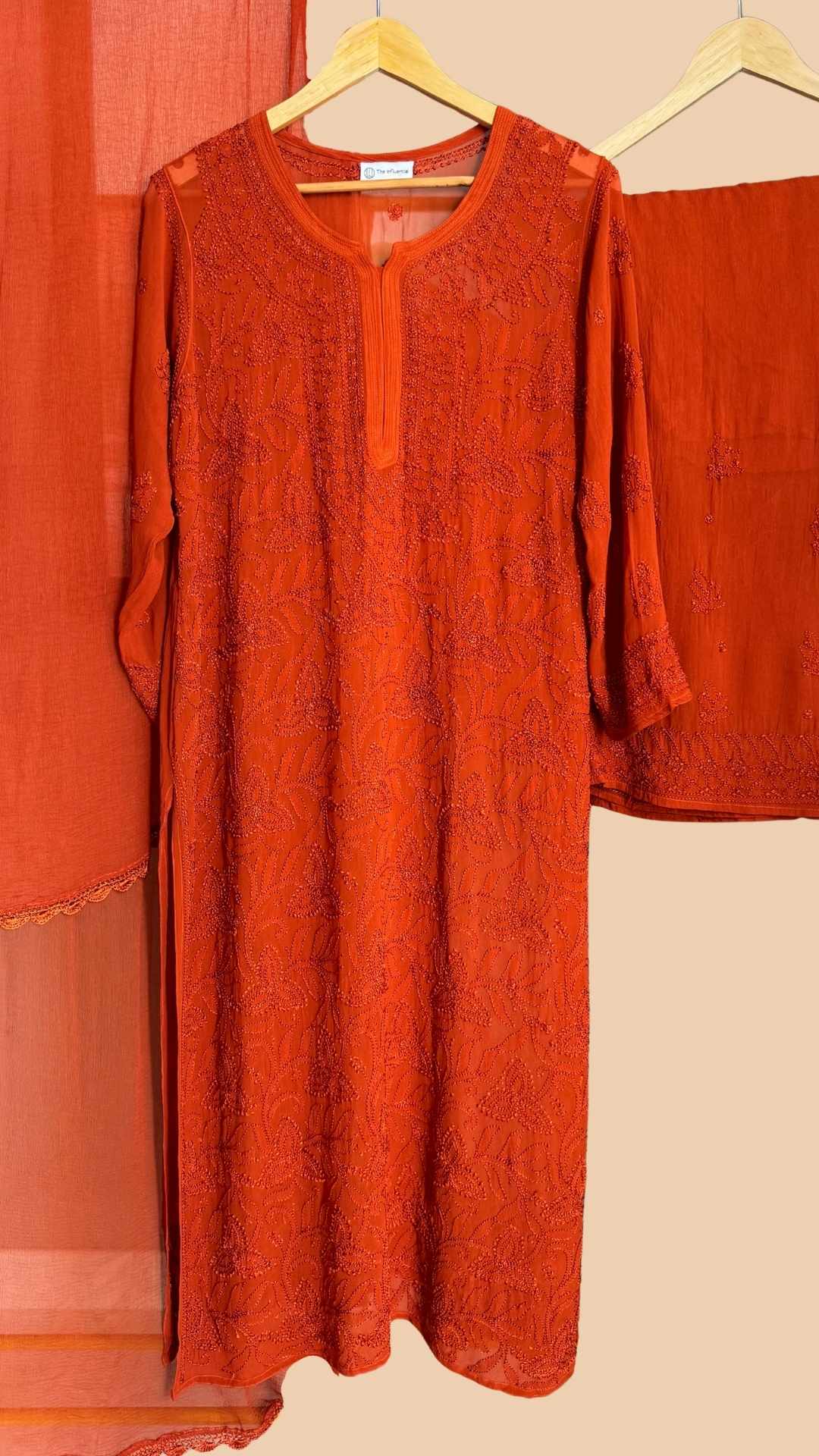 Viscose Georgette Silk Thread Chikankari 4Pc Suit Set - Rust Orange