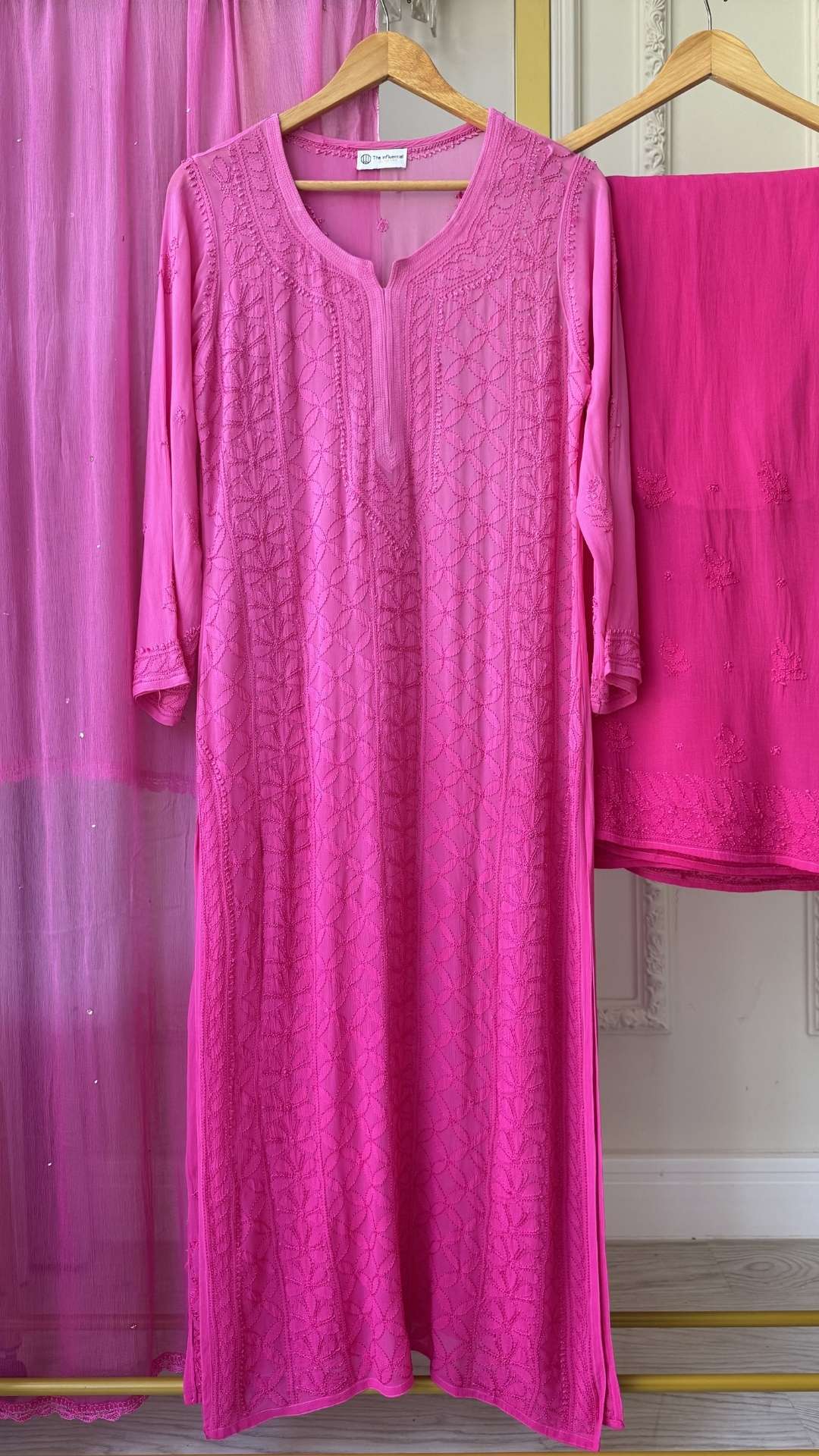 Viscose Georgette Silk Thread Ombre Chikankari 4Pc Suit Set - Hot Pink
