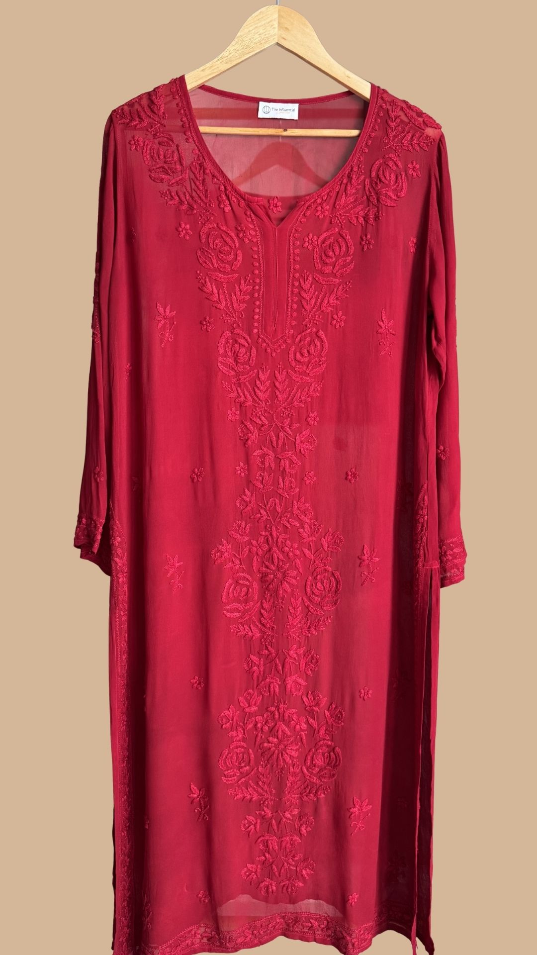 Viscose Georgette Rose Chikankari Kurta - Ruby Red