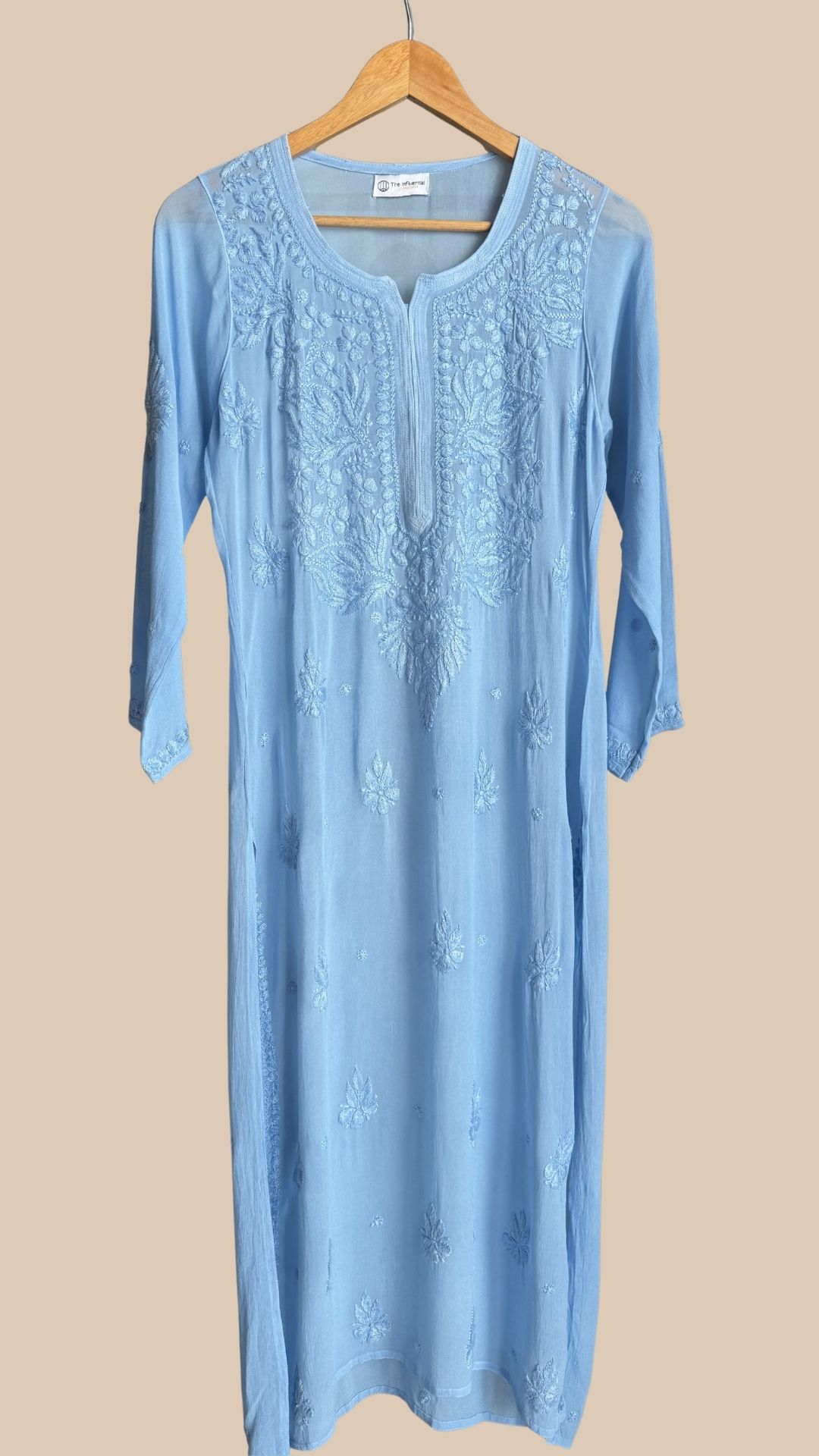 Viscose Georgette Chikankari Long Kurta - Ice Blue